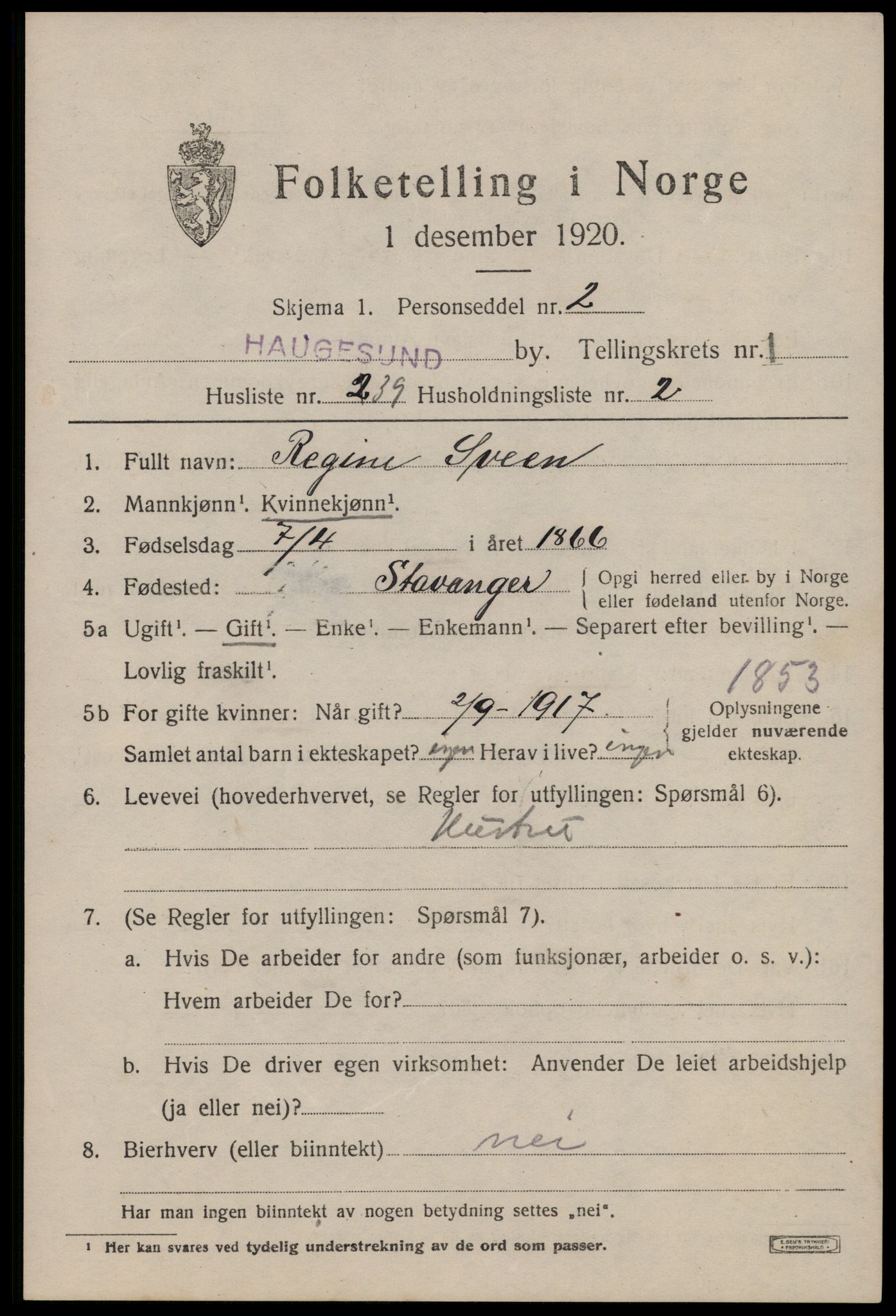 SAST, 1920 census for Haugesund, 1920, p. 12139