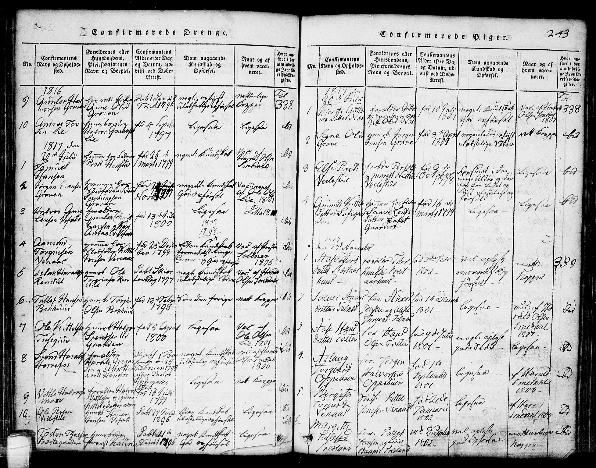 Seljord kirkebøker, AV/SAKO-A-20/G/Ga/L0001: Parish register (copy) no. I 1, 1815-1854, p. 243