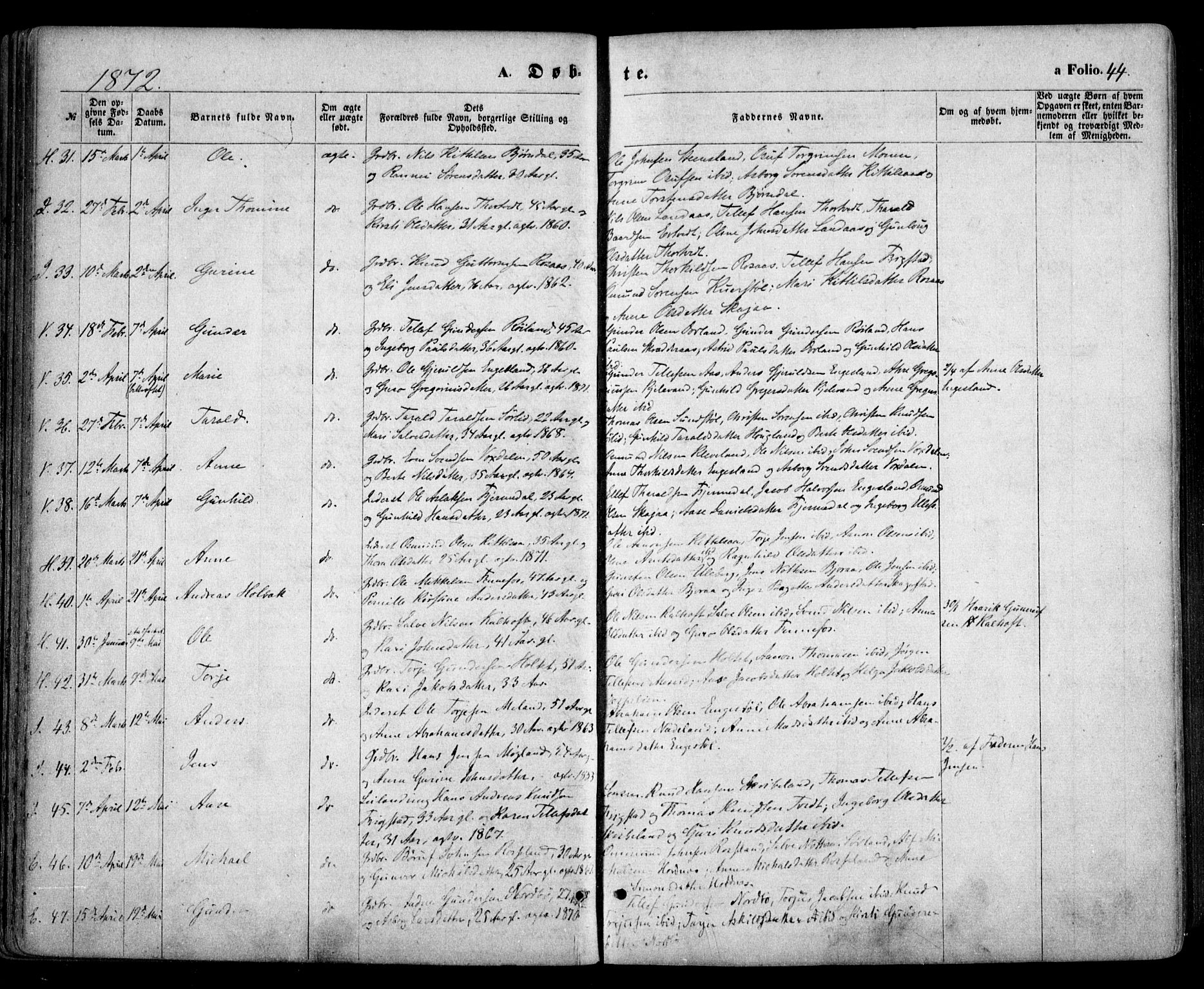 Evje sokneprestkontor, SAK/1111-0008/F/Fa/Faa/L0006: Parish register (official) no. A 6, 1866-1884, p. 44