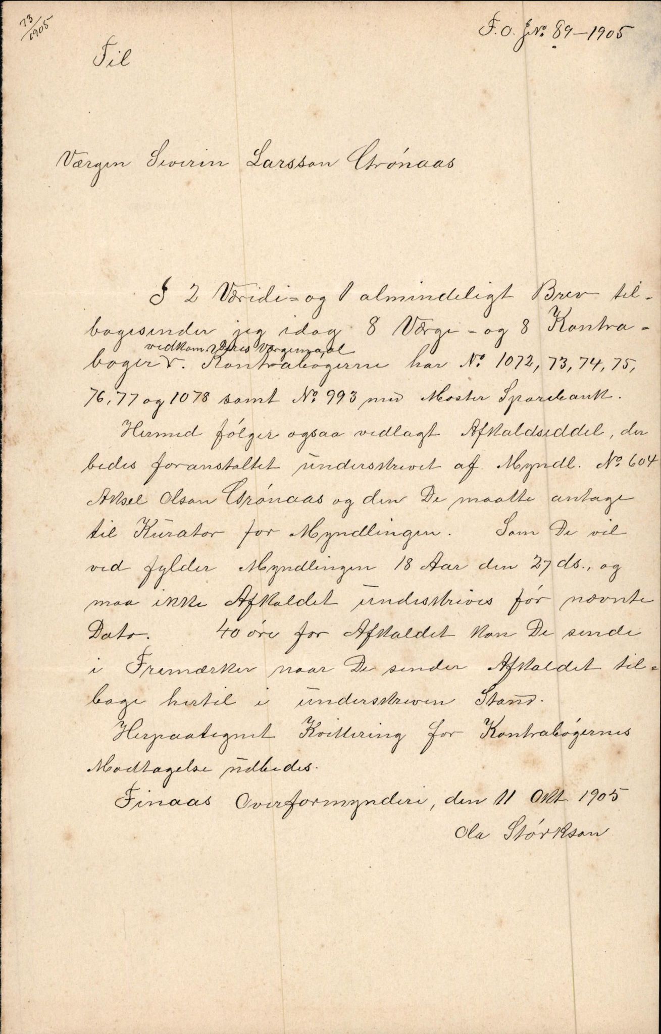 Finnaas kommune. Overformynderiet, IKAH/1218a-812/D/Da/Daa/L0002/0003: Kronologisk ordna korrespondanse / Kronologisk ordna korrespondanse, 1905-1909, p. 35