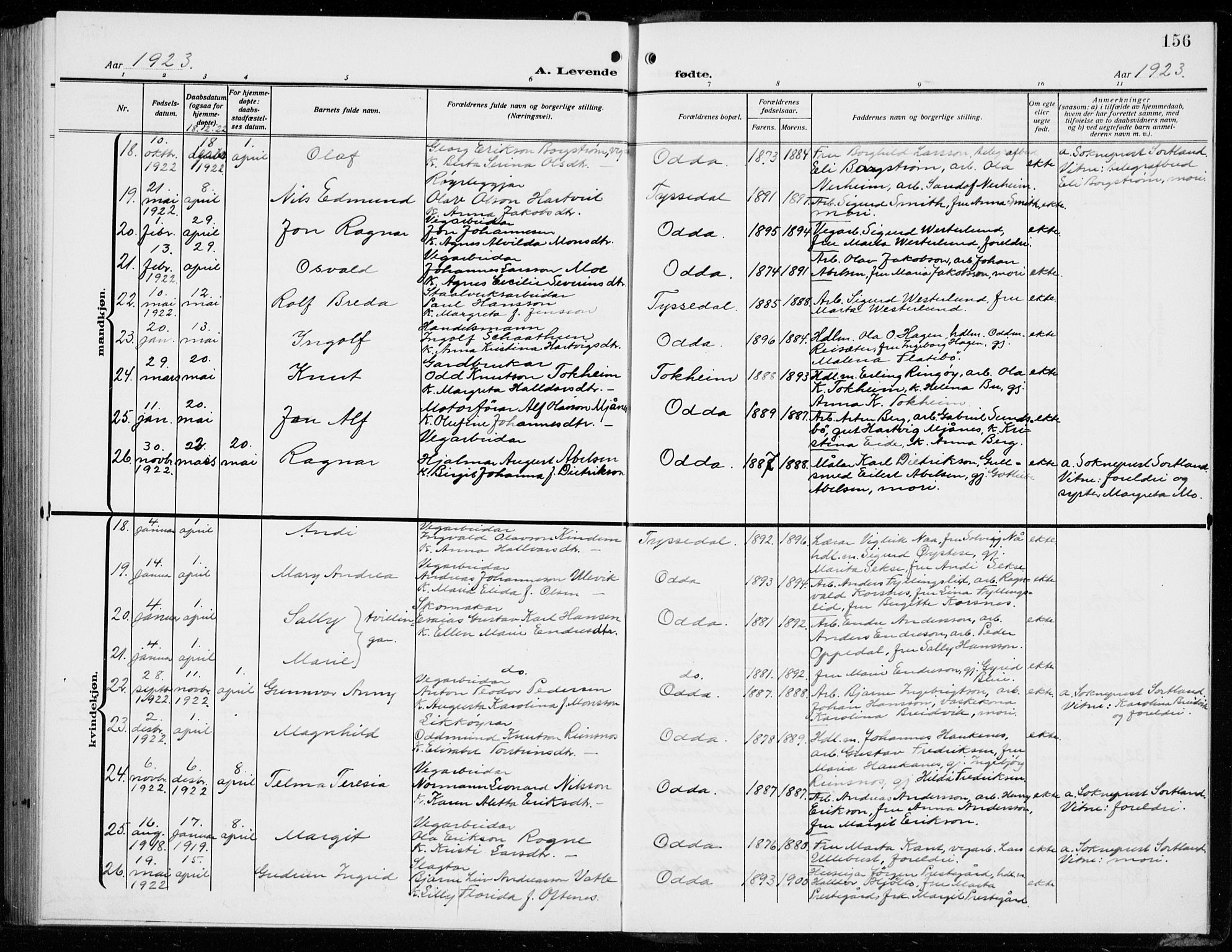 Odda Sokneprestembete, AV/SAB-A-77201/H/Hab: Parish register (copy) no. B  2, 1910-1923, p. 156
