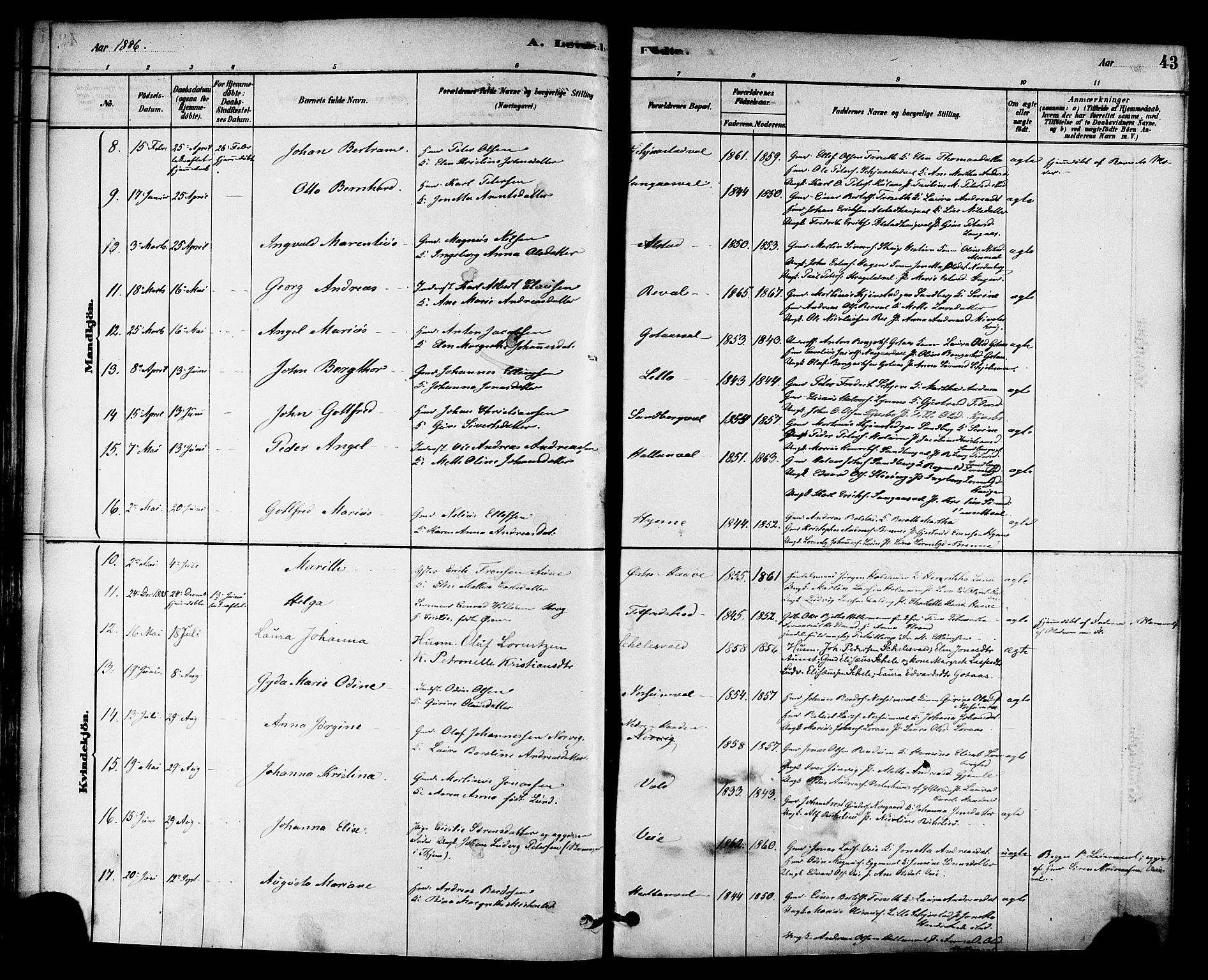 Ministerialprotokoller, klokkerbøker og fødselsregistre - Nord-Trøndelag, AV/SAT-A-1458/717/L0159: Parish register (official) no. 717A09, 1878-1898, p. 43