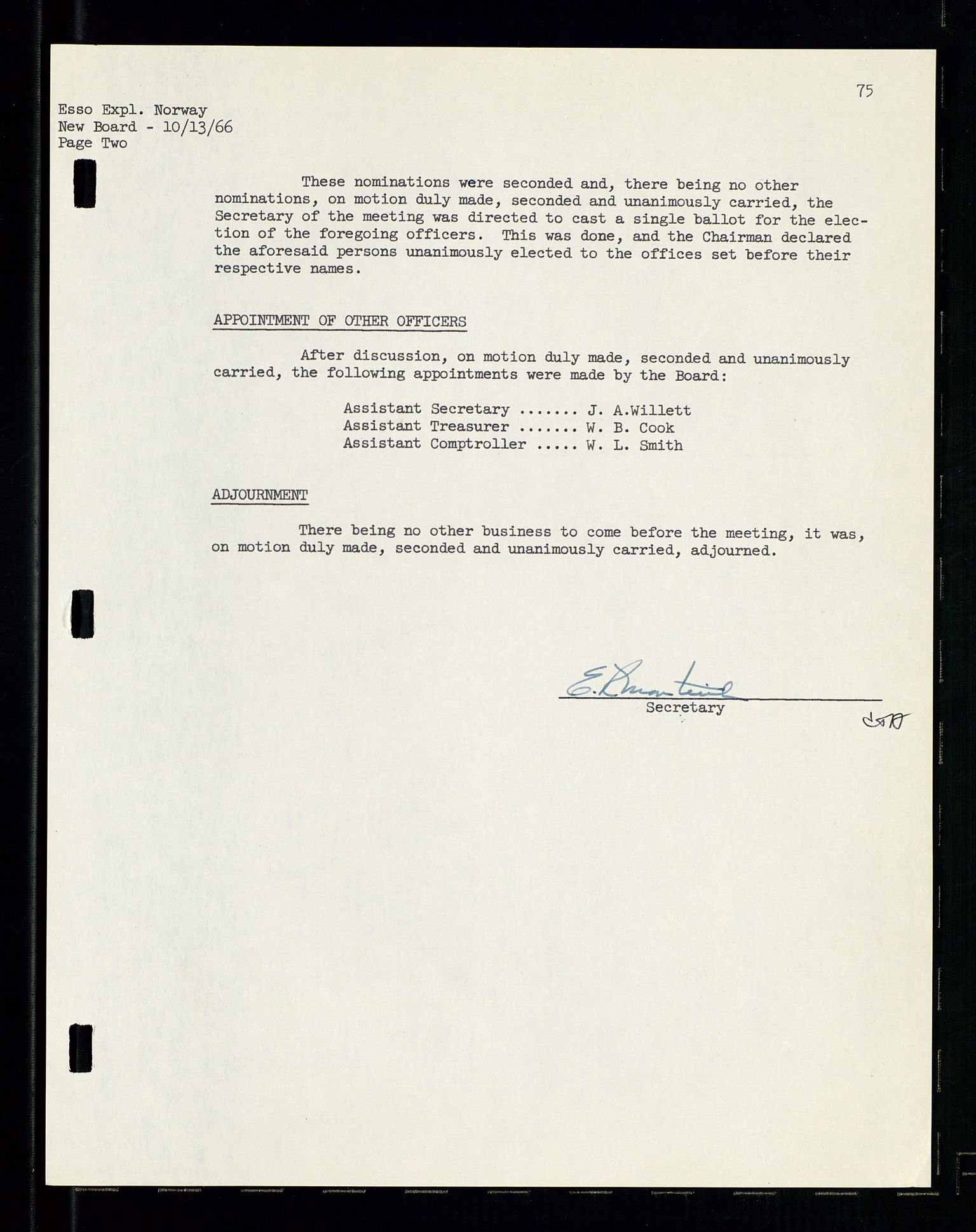 Pa 1512 - Esso Exploration and Production Norway Inc., SAST/A-101917/A/Aa/L0001/0001: Styredokumenter / Corporate records, By-Laws, Board meeting minutes, Incorporations, 1965-1975, p. 75
