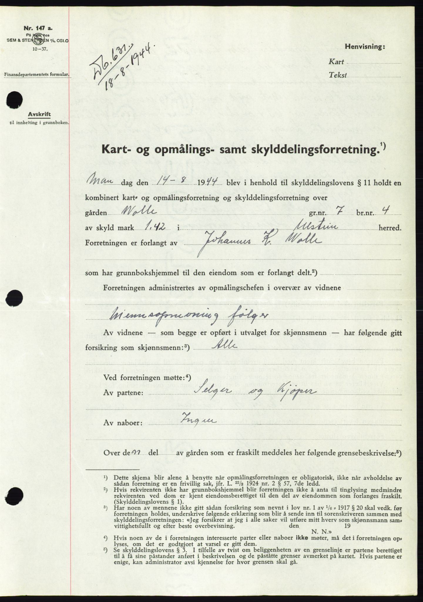 Søre Sunnmøre sorenskriveri, AV/SAT-A-4122/1/2/2C/L0076: Mortgage book no. 2A, 1943-1944, Diary no: : 631/1944