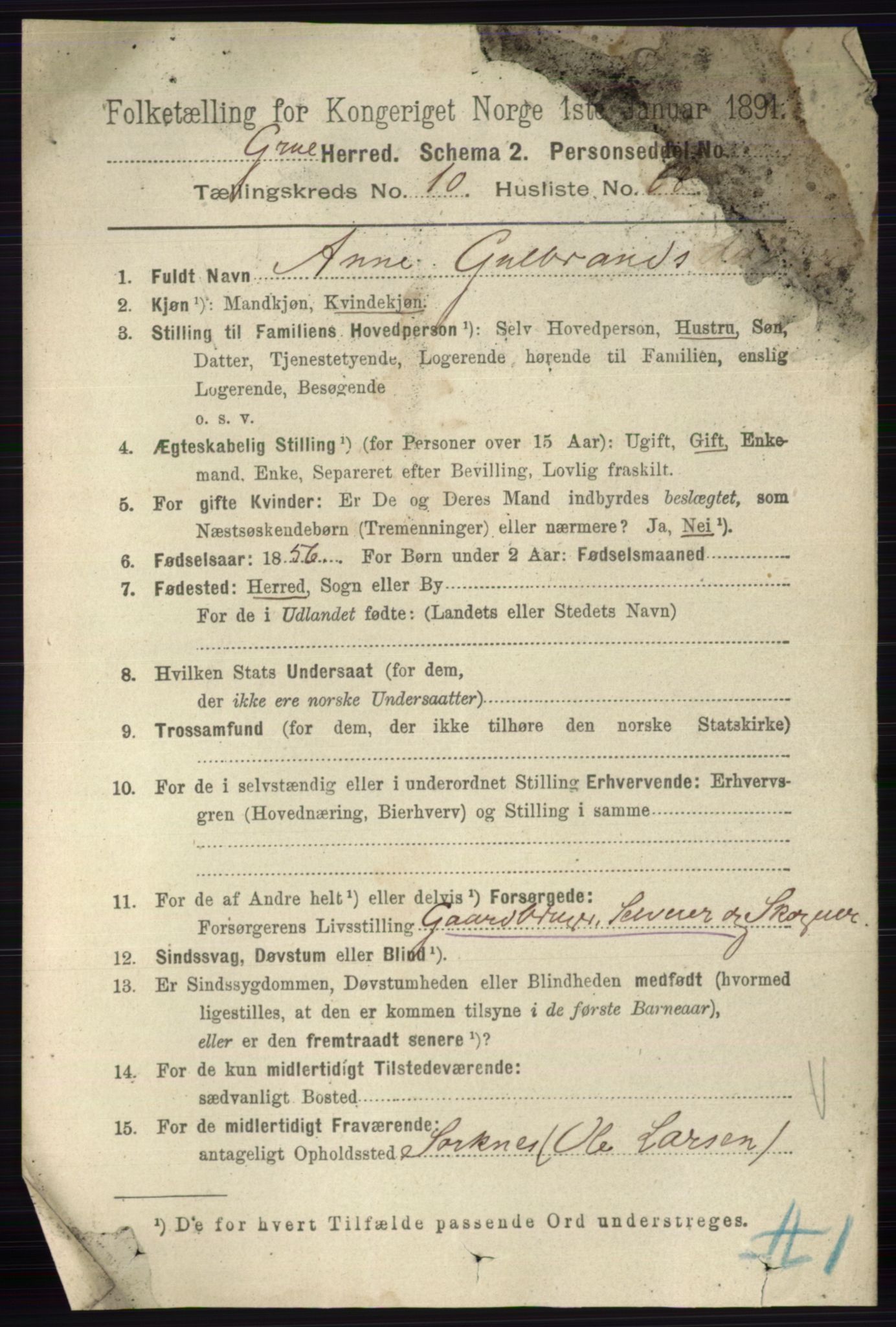 RA, 1891 census for 0423 Grue, 1891, p. 5805