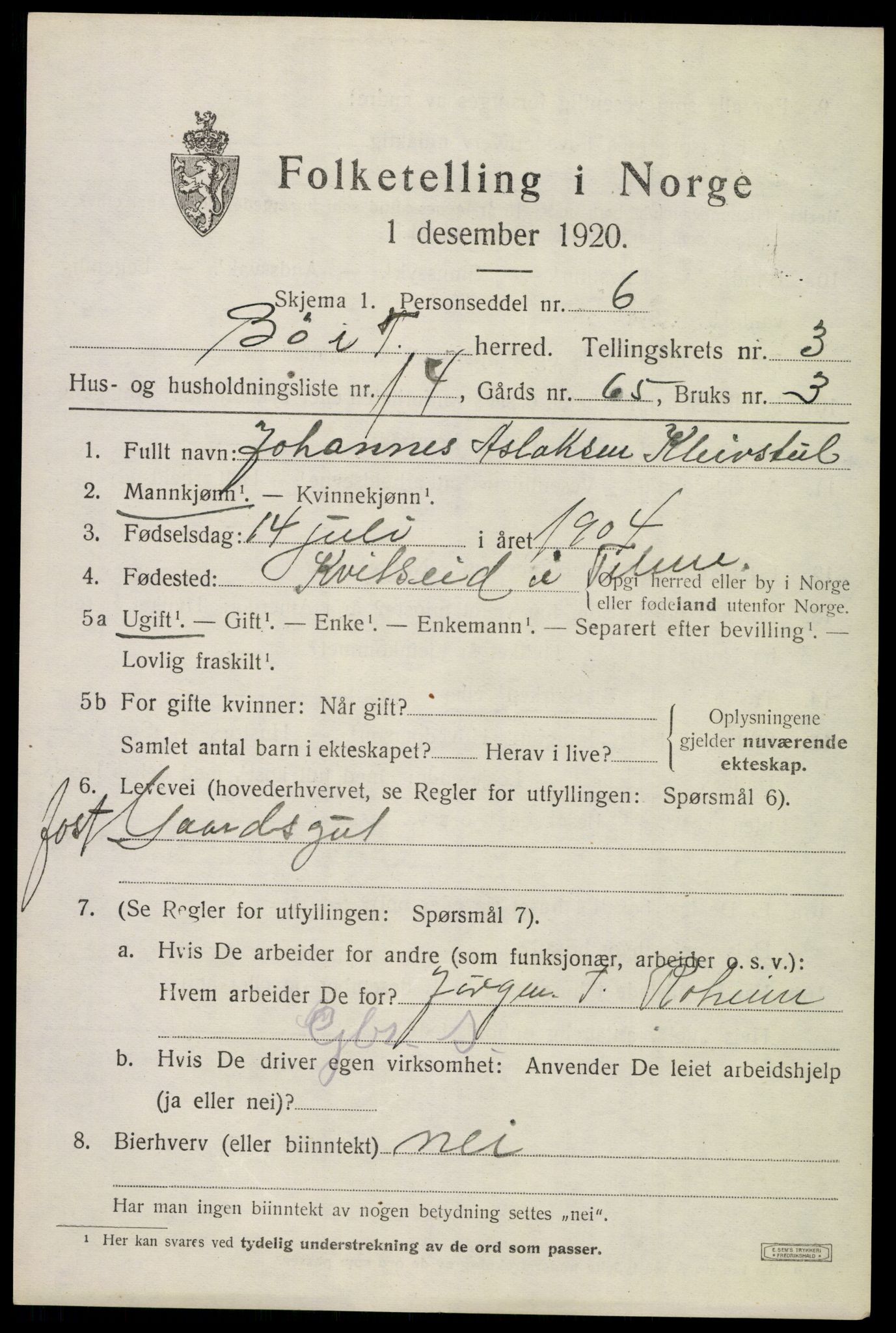 SAKO, 1920 census for Bø (Telemark), 1920, p. 2812