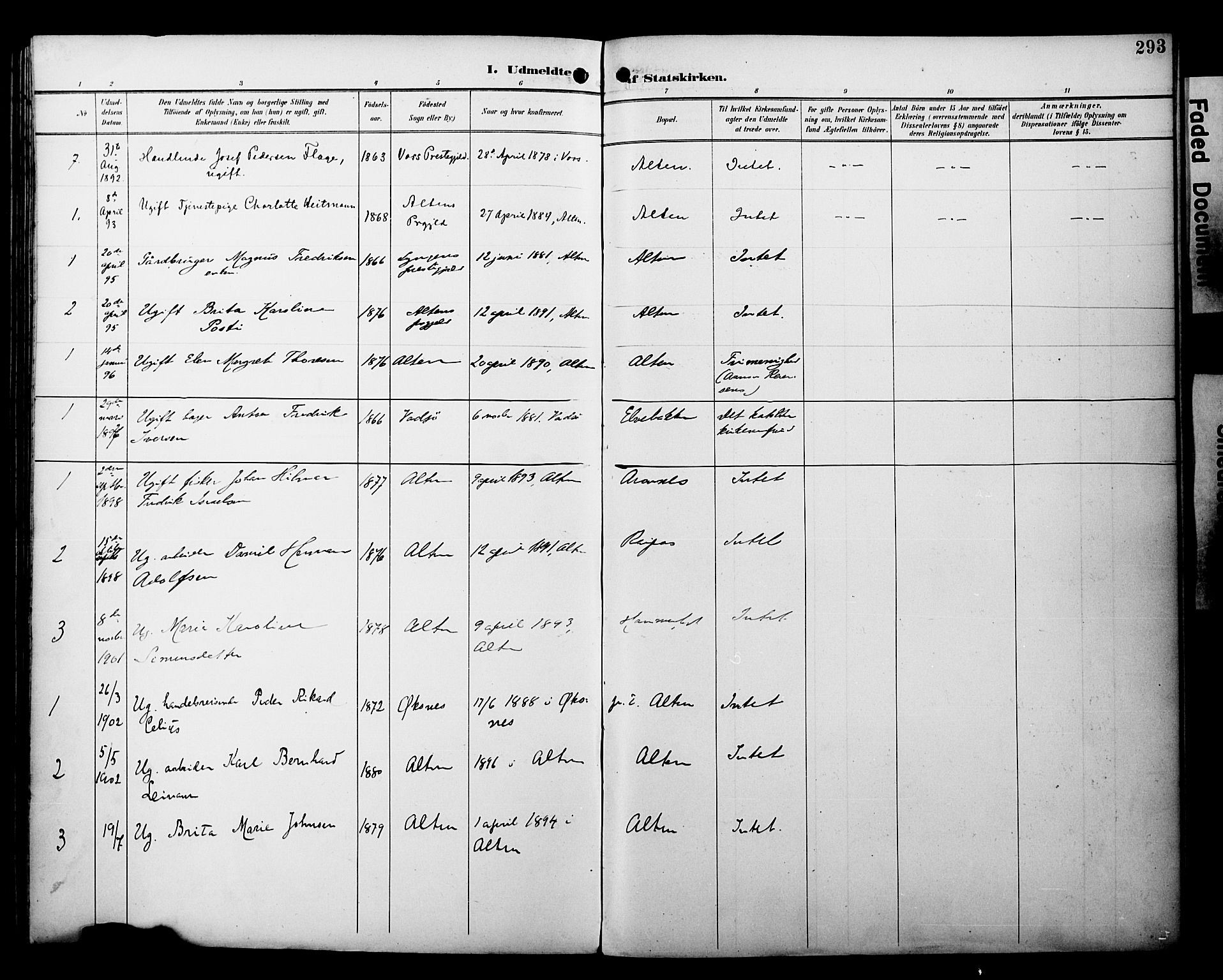 Alta sokneprestkontor, SATØ/S-1338/H/Ha/L0003.kirke: Parish register (official) no. 3, 1892-1904, p. 293
