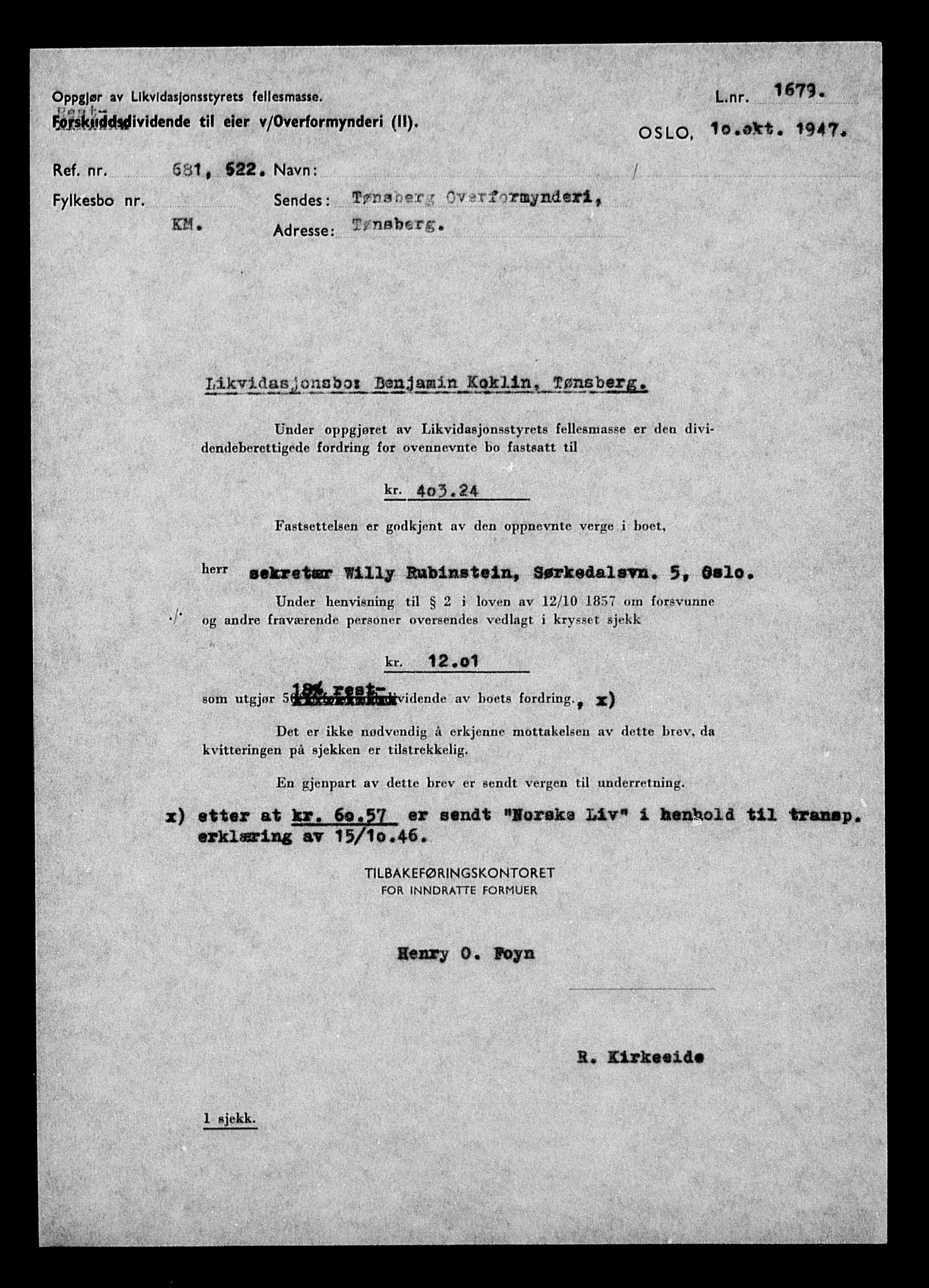 Justisdepartementet, Tilbakeføringskontoret for inndratte formuer, AV/RA-S-1564/H/Hc/Hcd/L1002: --, 1945-1947, p. 9