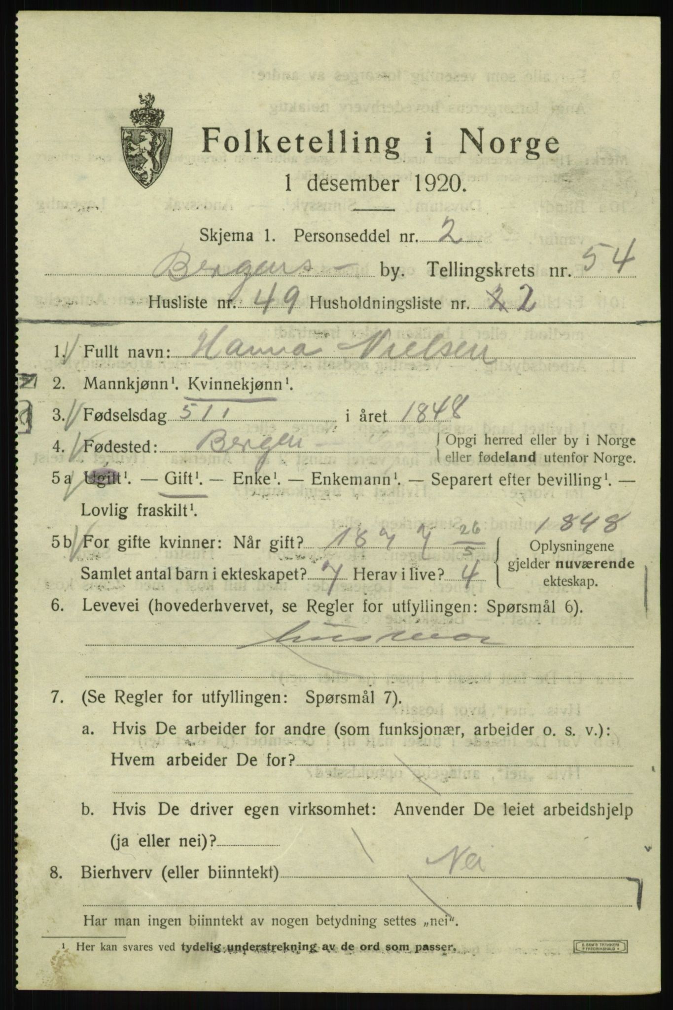 SAB, 1920 census for Bergen, 1920, p. 123699