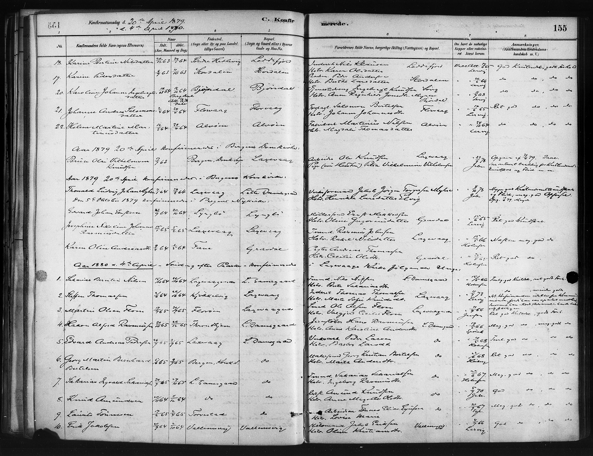 Askøy Sokneprestembete, SAB/A-74101/H/Ha/Haa/Haae/L0002: Parish register (official) no. E 2, 1878-1891, p. 155