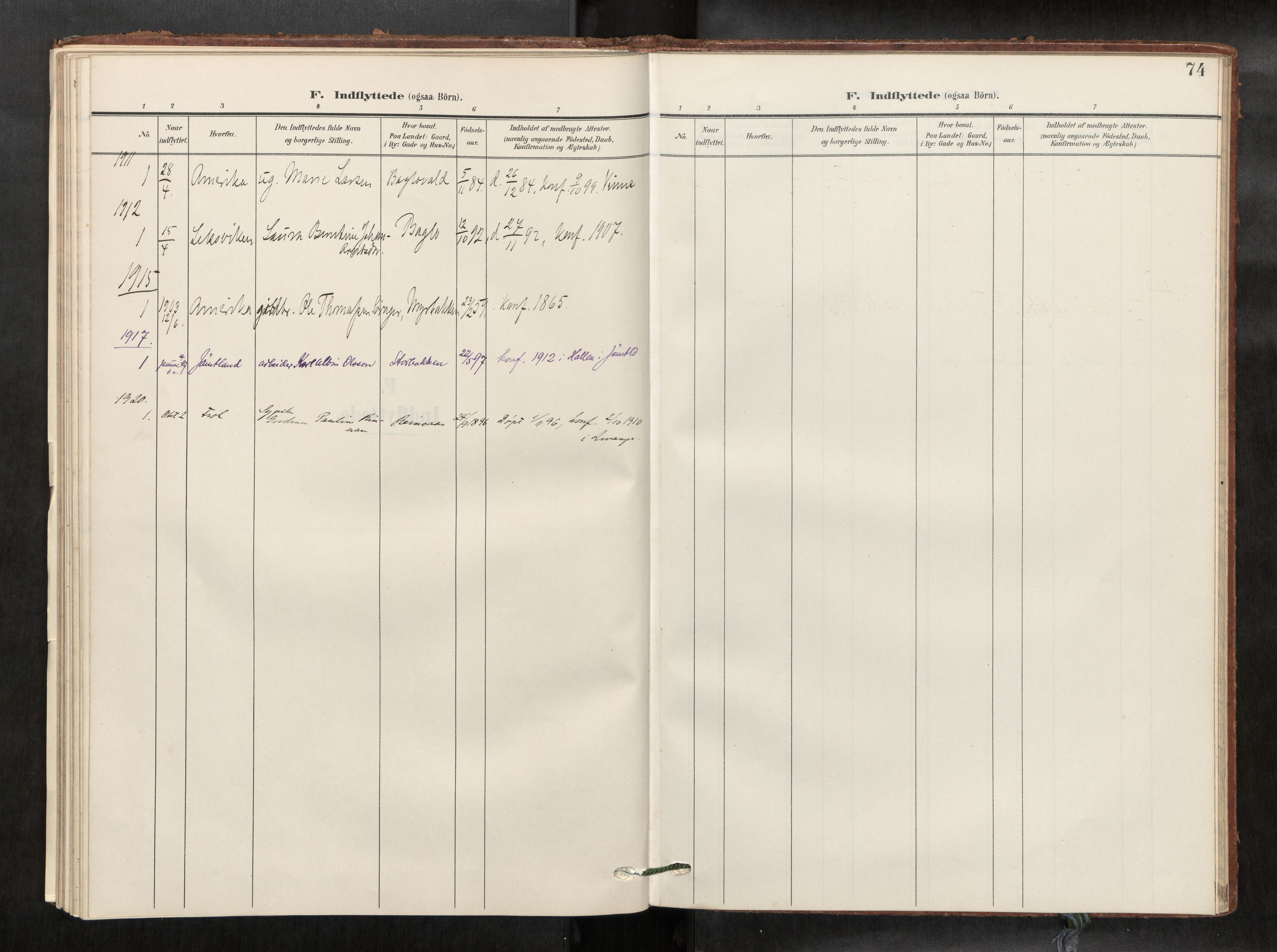 Verdal sokneprestkontor, SAT/A-1156/2/H/Haa/L0003: Parish register (official) no. 3, 1907-1921, p. 74