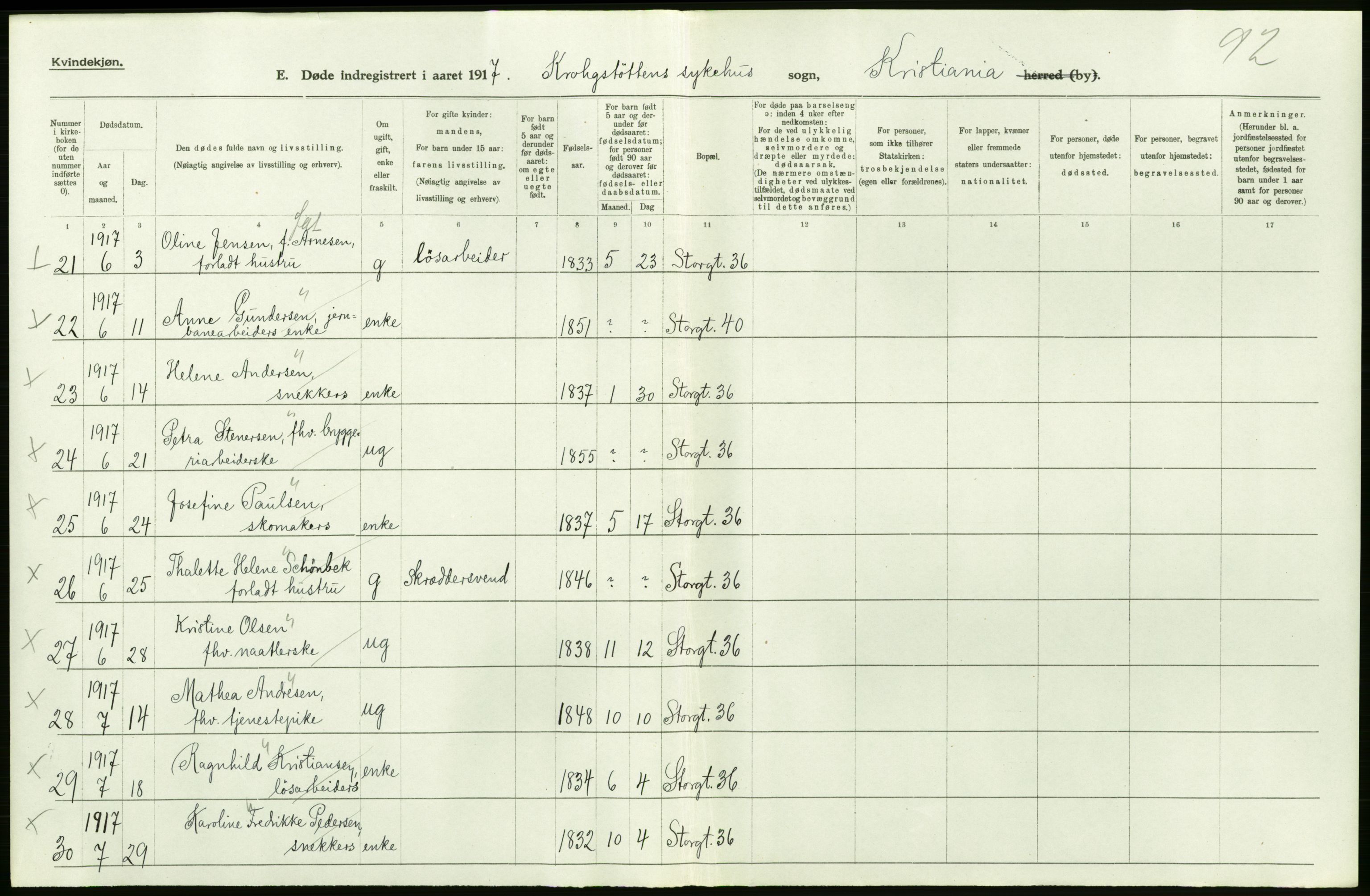 Statistisk sentralbyrå, Sosiodemografiske emner, Befolkning, AV/RA-S-2228/D/Df/Dfb/Dfbg/L0011: Kristiania: Døde, dødfødte., 1917, p. 208