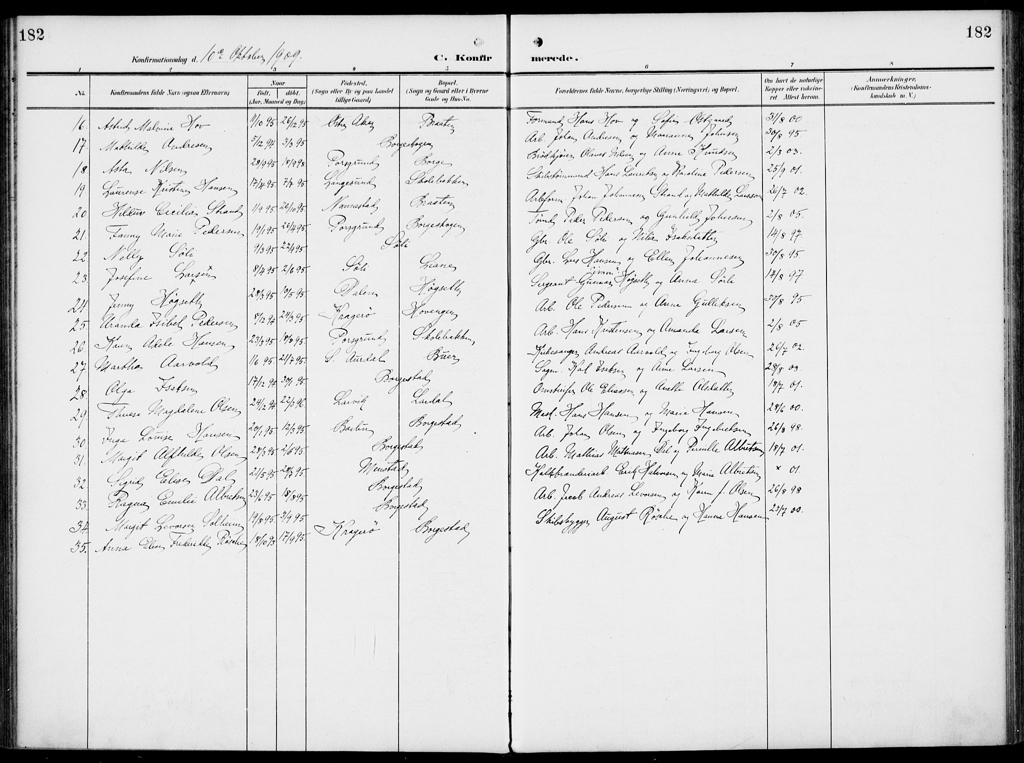 Gjerpen kirkebøker, SAKO/A-265/F/Fa/L0012: Parish register (official) no. I 12, 1905-1913, p. 182