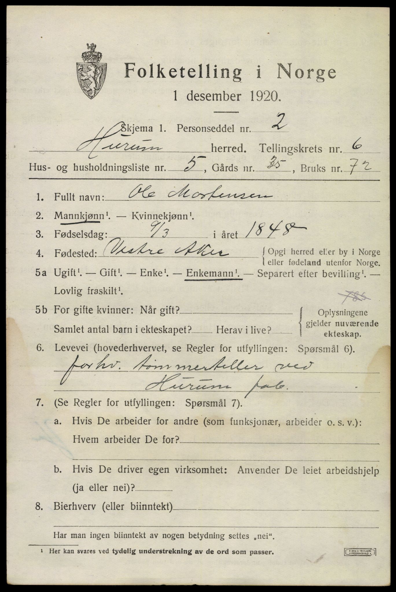 SAKO, 1920 census for Hurum, 1920, p. 7130