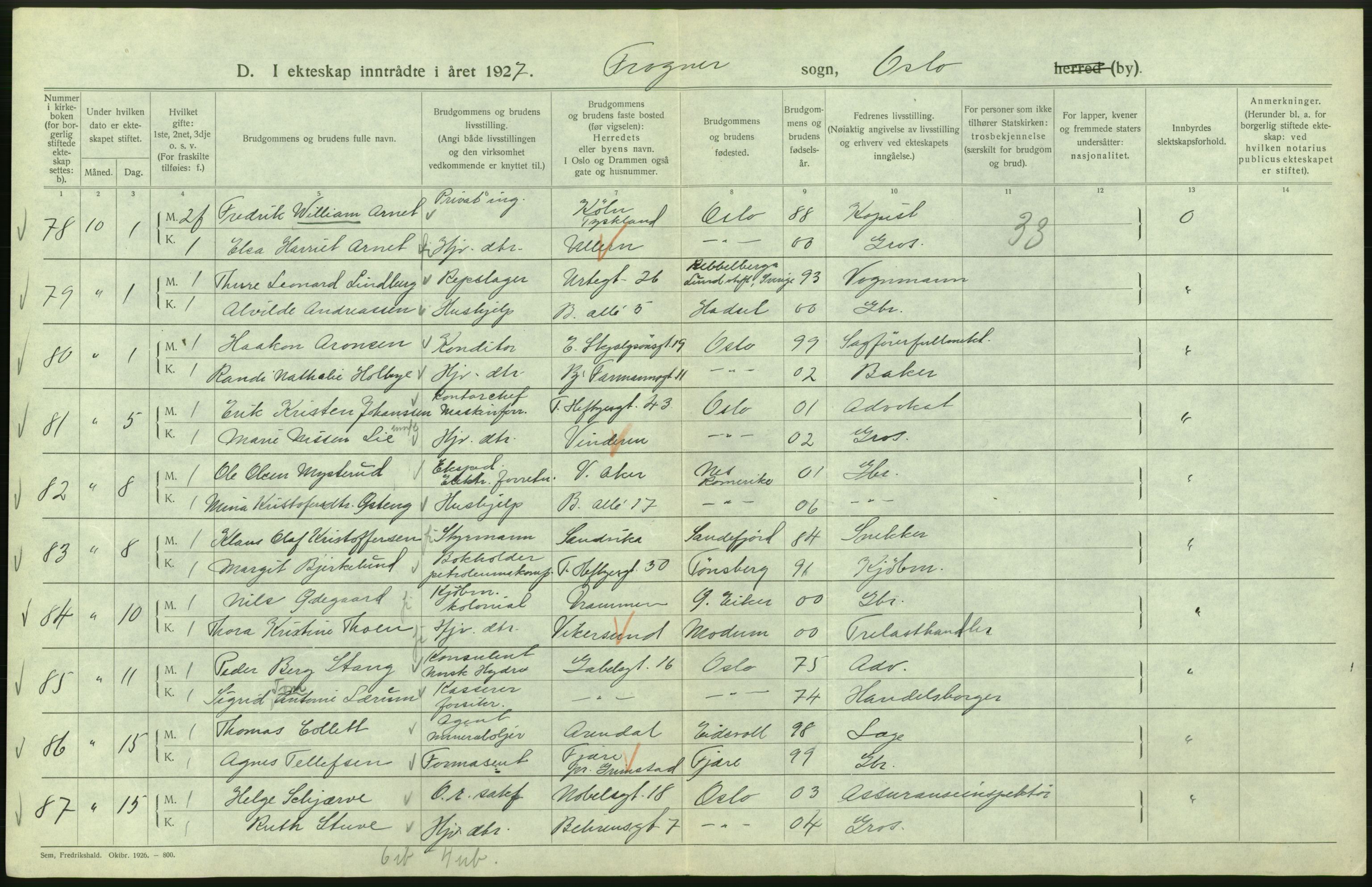 Statistisk sentralbyrå, Sosiodemografiske emner, Befolkning, AV/RA-S-2228/D/Df/Dfc/Dfcg/L0008: Oslo: Gifte, 1927, p. 186