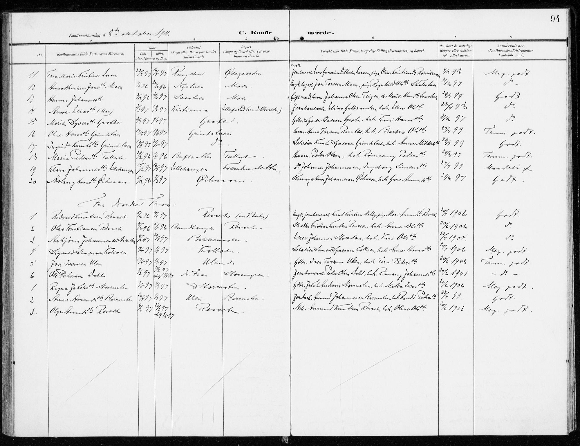 Sel prestekontor, SAH/PREST-074/H/Ha/Haa/L0002: Parish register (official) no. 2, 1905-1919, p. 94