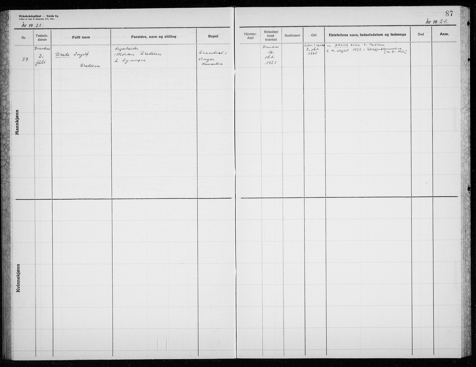 Vardø sokneprestkontor, AV/SATØ-S-1332/H/Hc/L0002kirkerekon: Other parish register no. 2, 1915-1929, p. 87