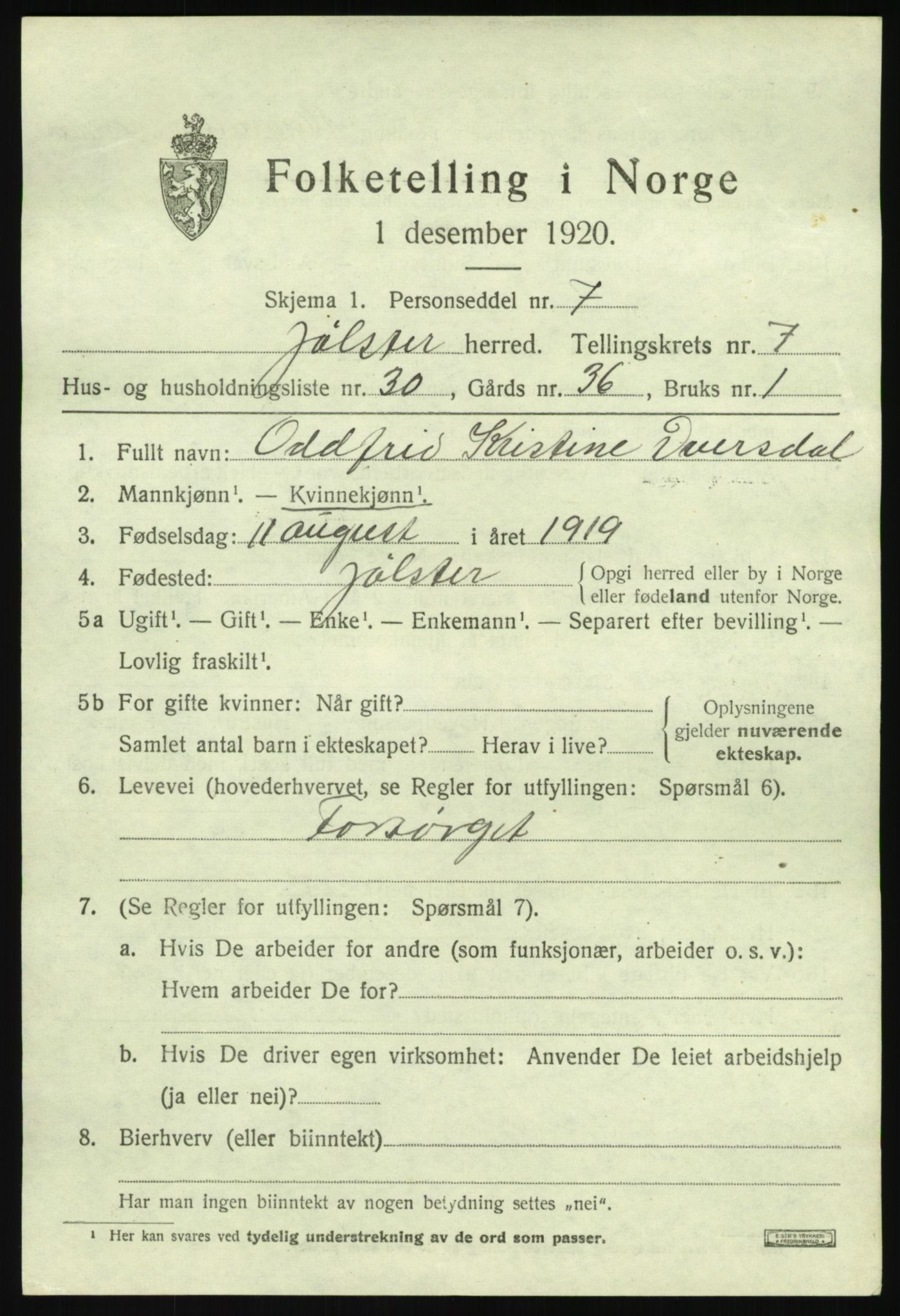 SAB, 1920 census for Jølster, 1920, p. 4002