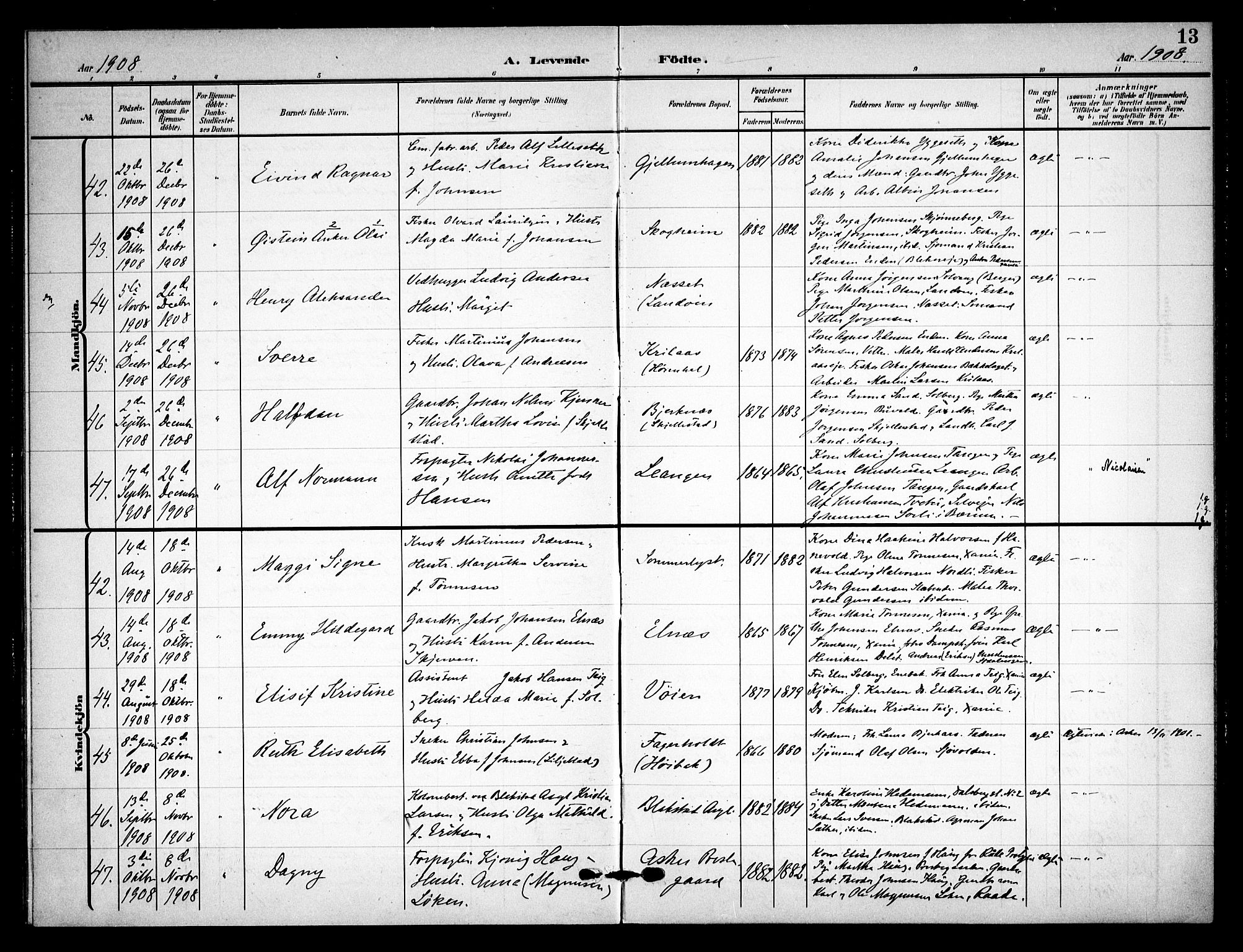 Asker prestekontor Kirkebøker, AV/SAO-A-10256a/F/Fa/L0017: Parish register (official) no. I 17, 1907-1915, p. 13