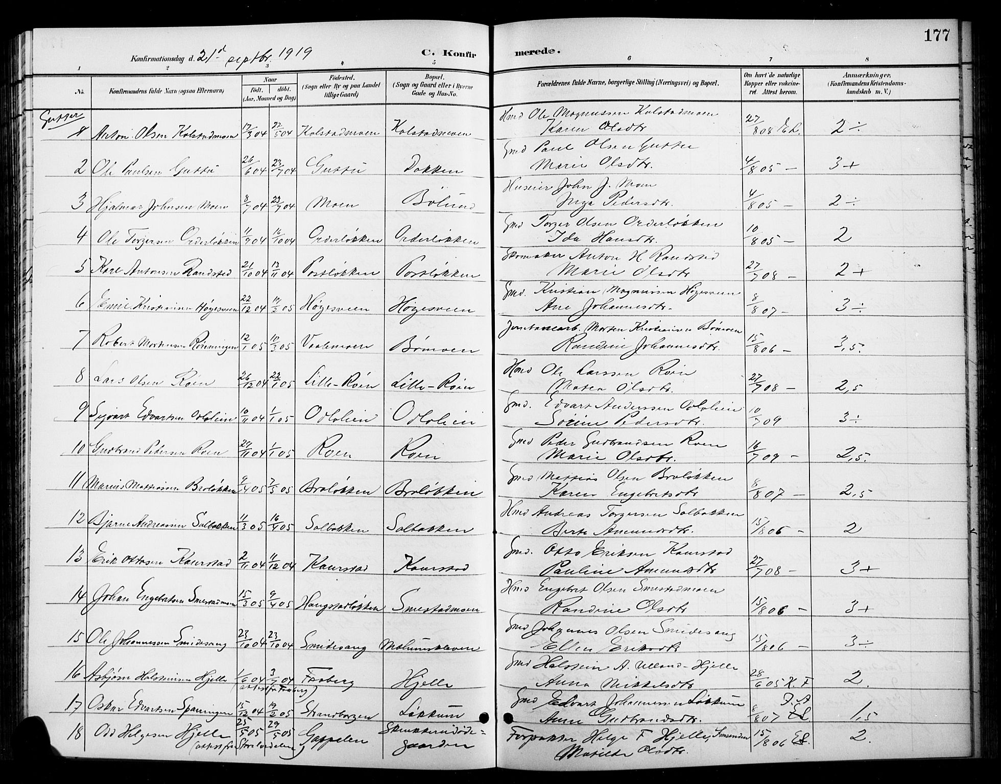 Ringebu prestekontor, SAH/PREST-082/H/Ha/Hab/L0009: Parish register (copy) no. 9, 1899-1921, p. 177