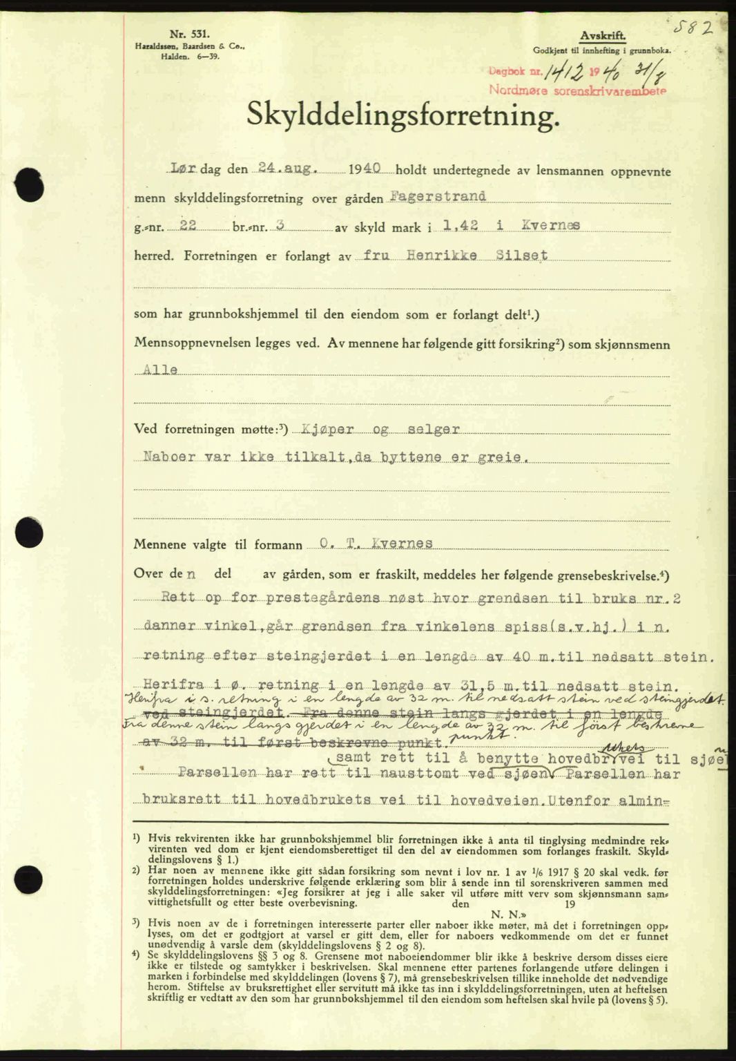 Nordmøre sorenskriveri, AV/SAT-A-4132/1/2/2Ca: Mortgage book no. A88, 1940-1940, Diary no: : 1412/1940