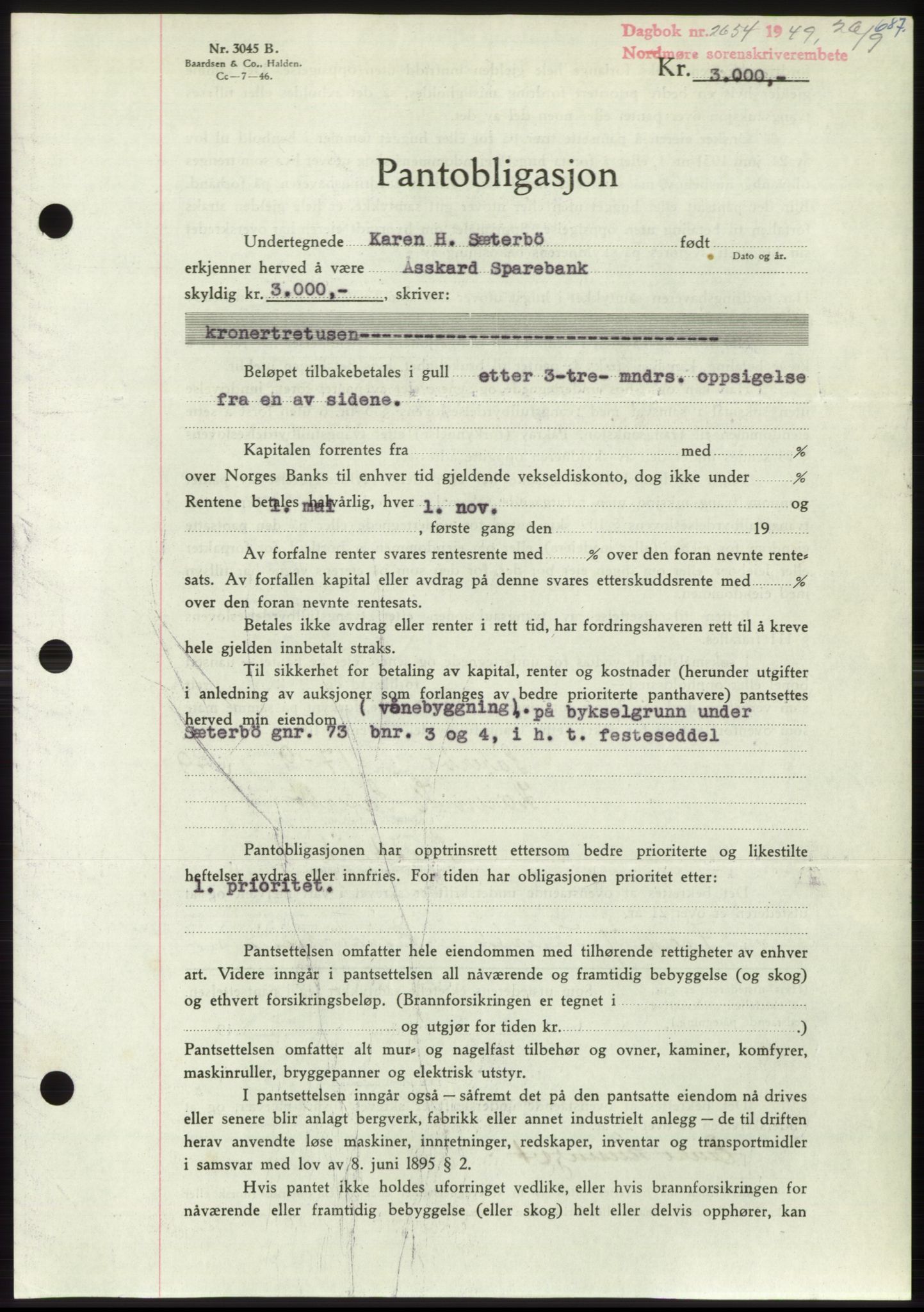 Nordmøre sorenskriveri, AV/SAT-A-4132/1/2/2Ca: Mortgage book no. B102, 1949-1949, Diary no: : 2654/1949