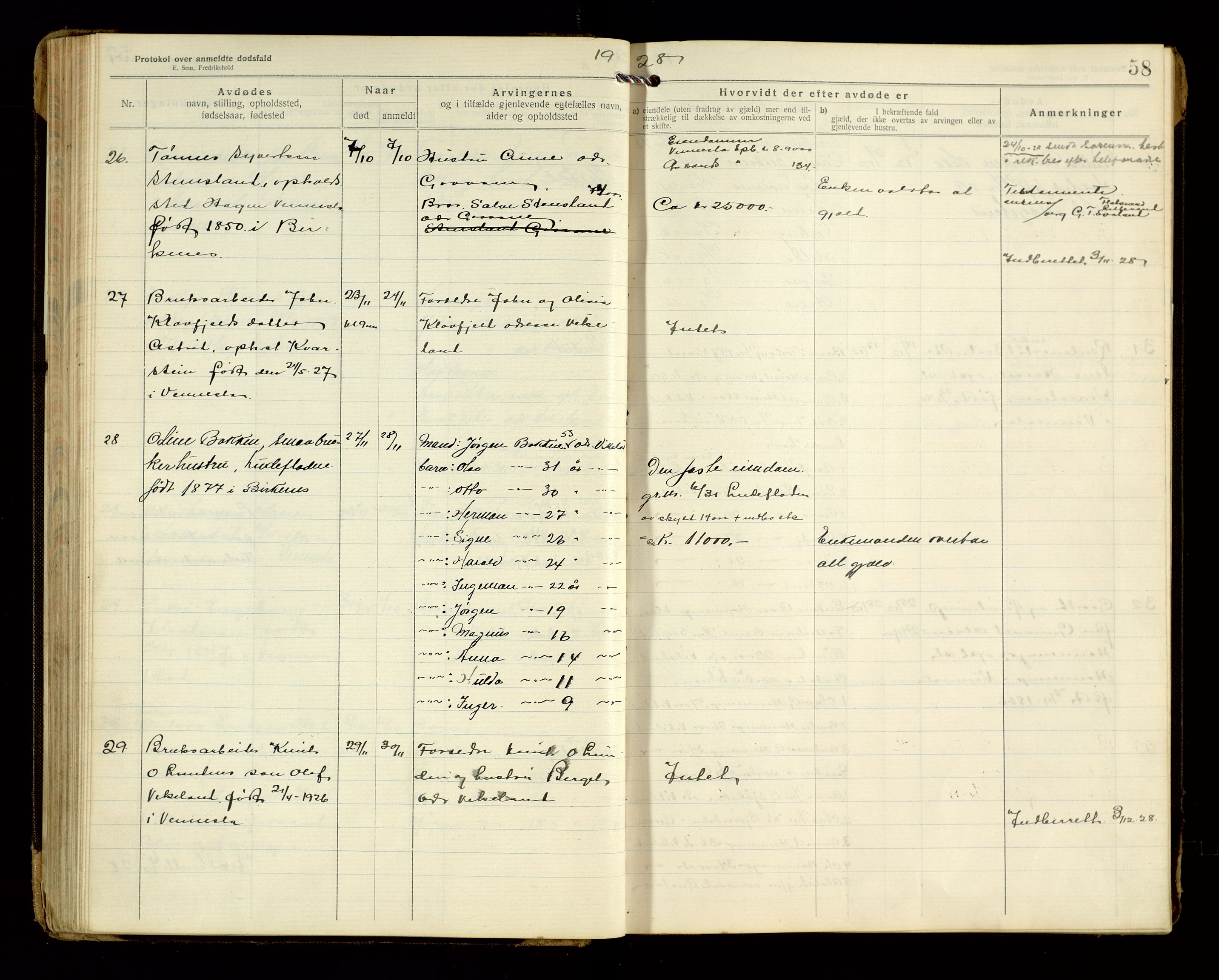 Vennesla og Iveland lensmannskontor, AV/SAK-1241-0050/F/Fe/L0001: Dødsfallsprotokoll nr 7, 1920-1940, p. 58