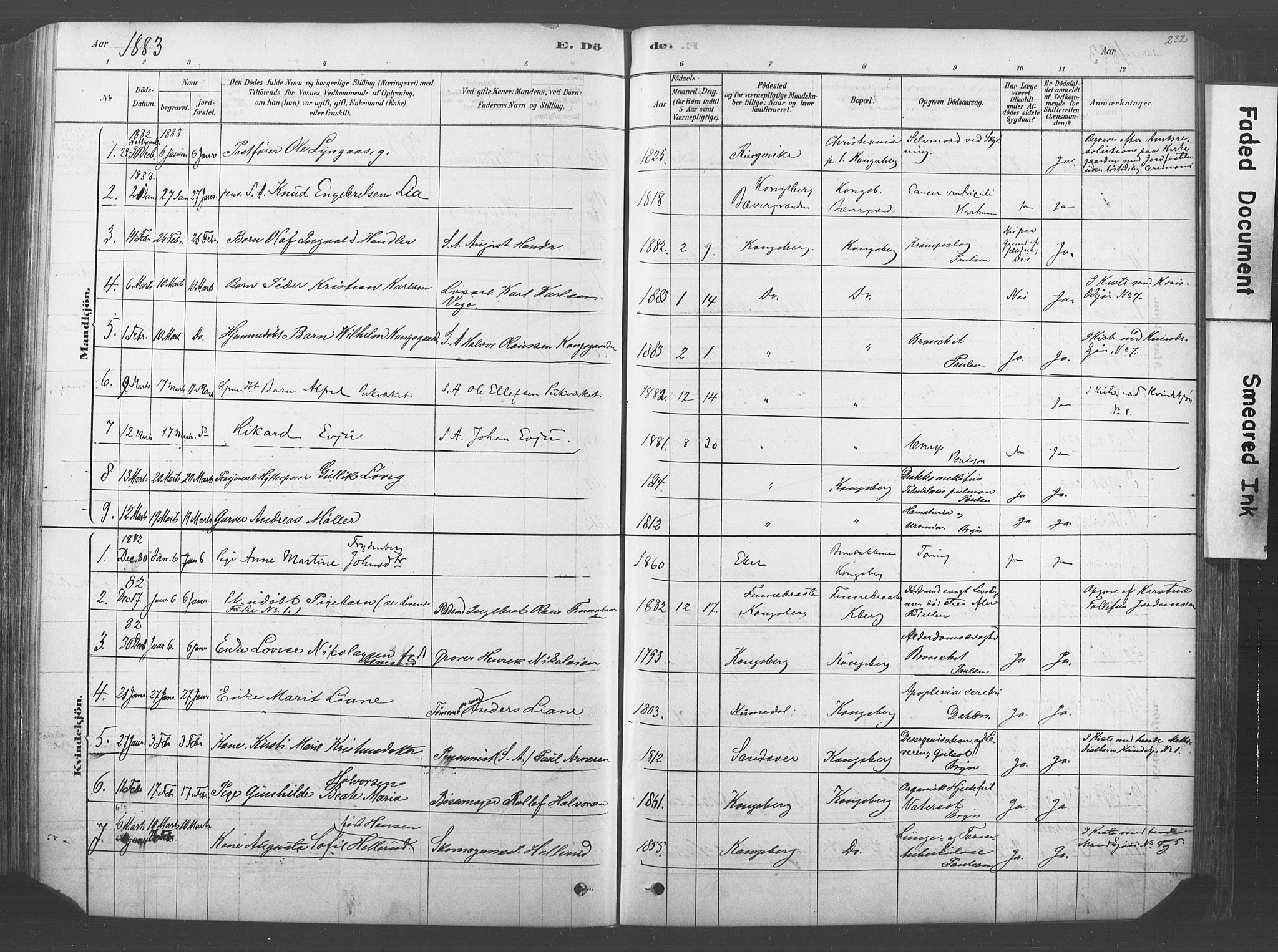 Kongsberg kirkebøker, SAKO/A-22/F/Fb/L0001: Parish register (official) no. II 1, 1878-1886, p. 232