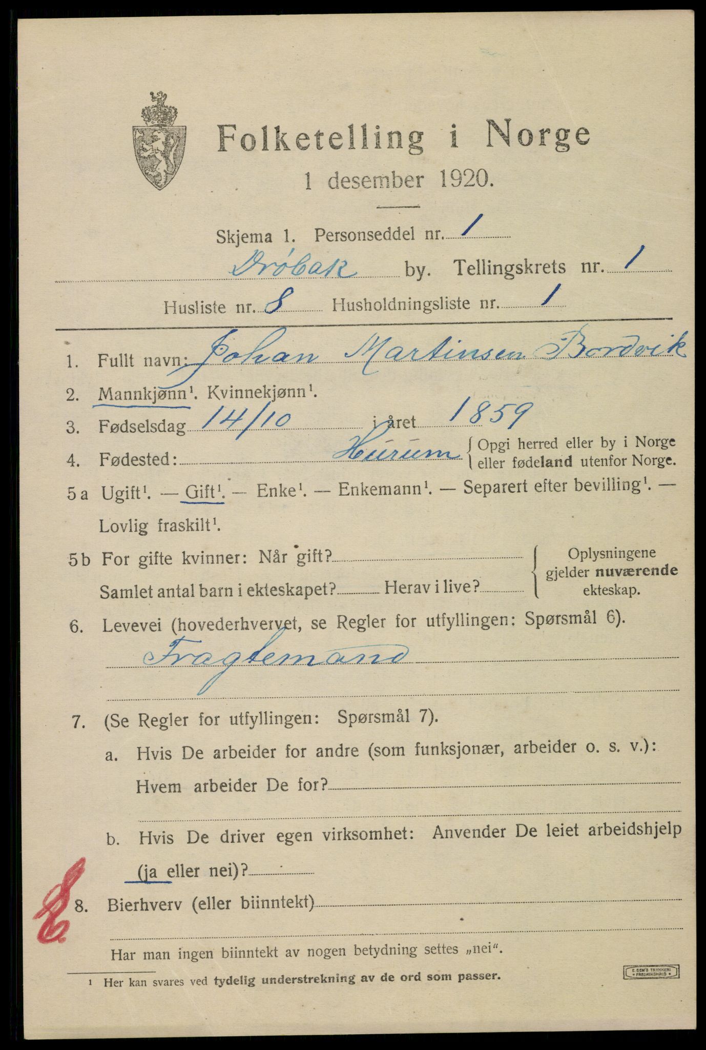 SAO, 1920 census for Drøbak, 1920, p. 2069