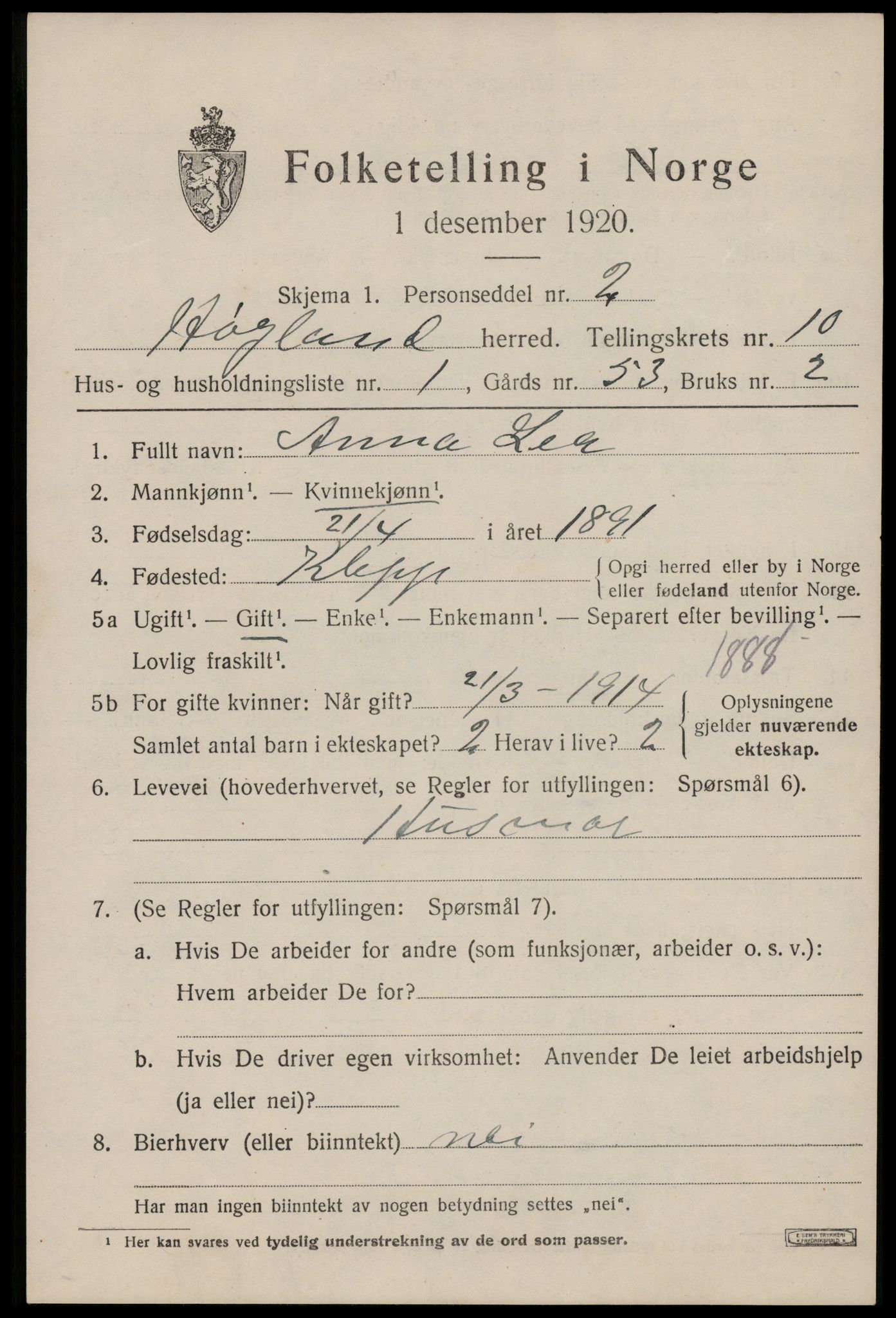 SAST, 1920 census for Høyland, 1920, p. 7194