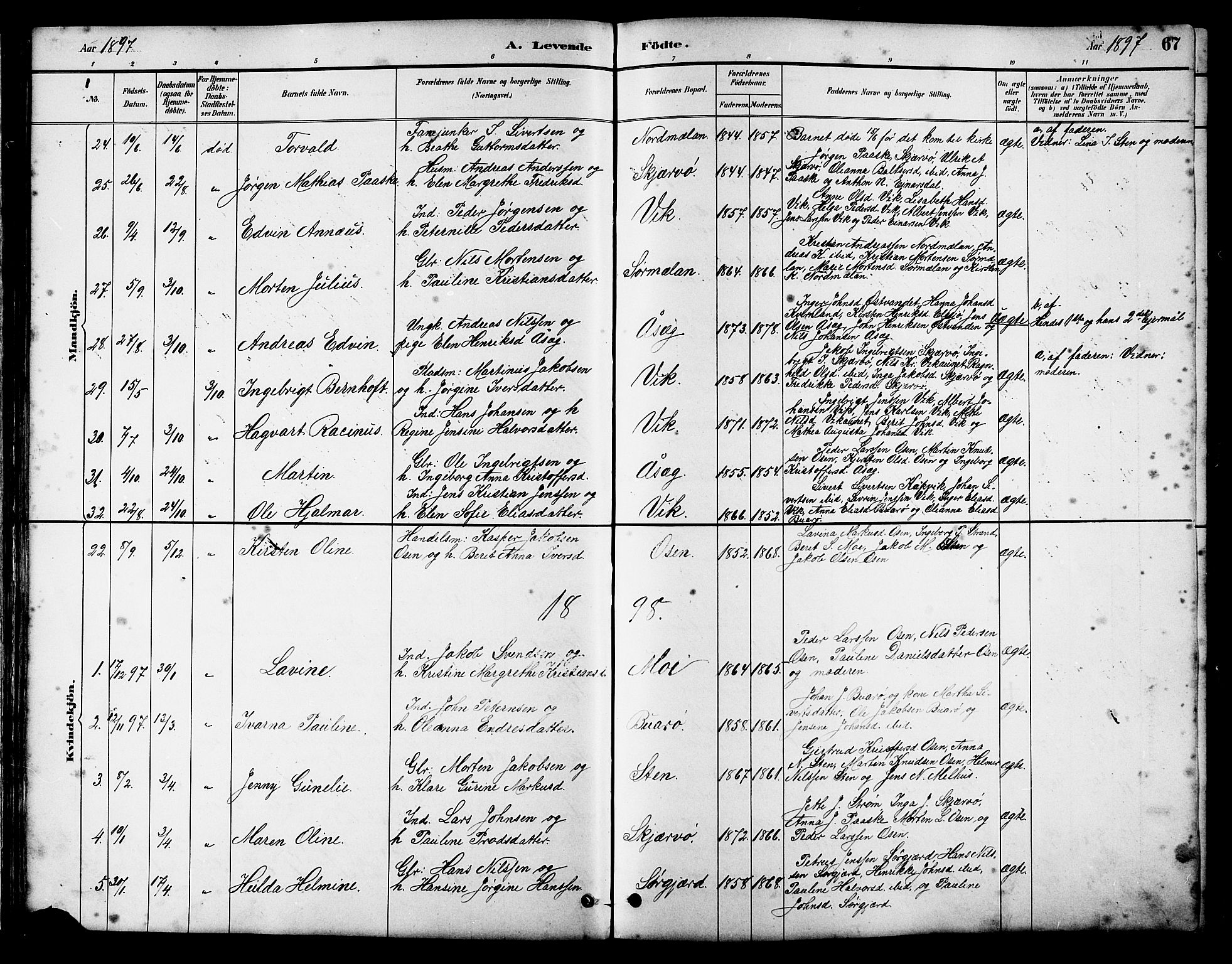 Ministerialprotokoller, klokkerbøker og fødselsregistre - Sør-Trøndelag, SAT/A-1456/658/L0726: Parish register (copy) no. 658C02, 1883-1908, p. 67