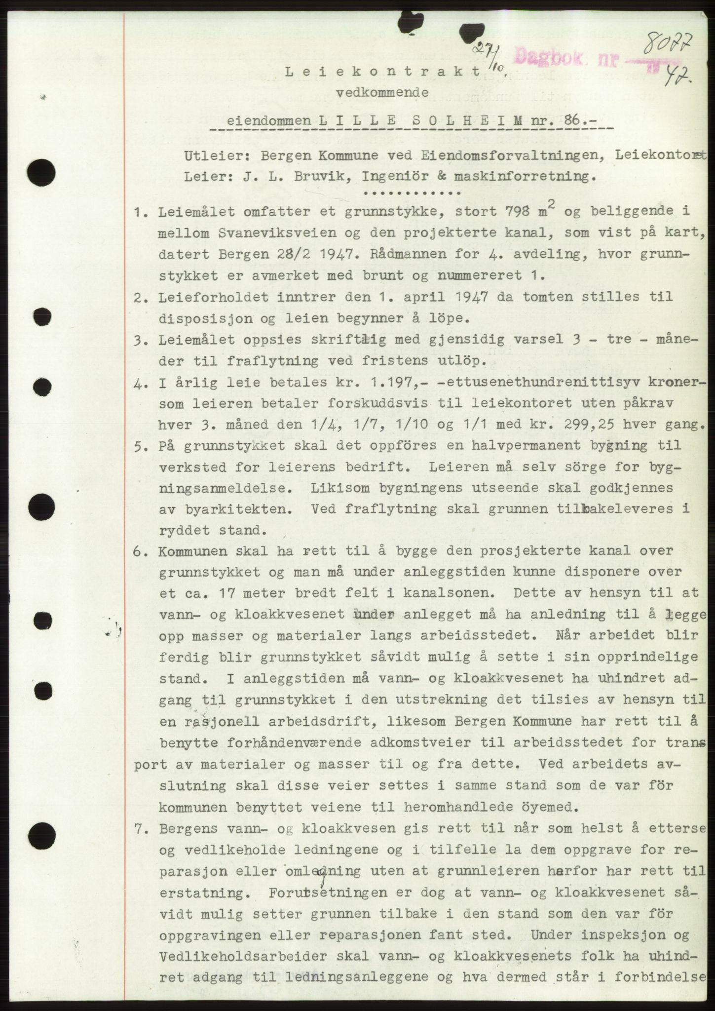 Byfogd og Byskriver i Bergen, AV/SAB-A-3401/03/03Bd/L0003: Mortgage book no. B29-39, 1947-1950, Diary no: : 8077/1947
