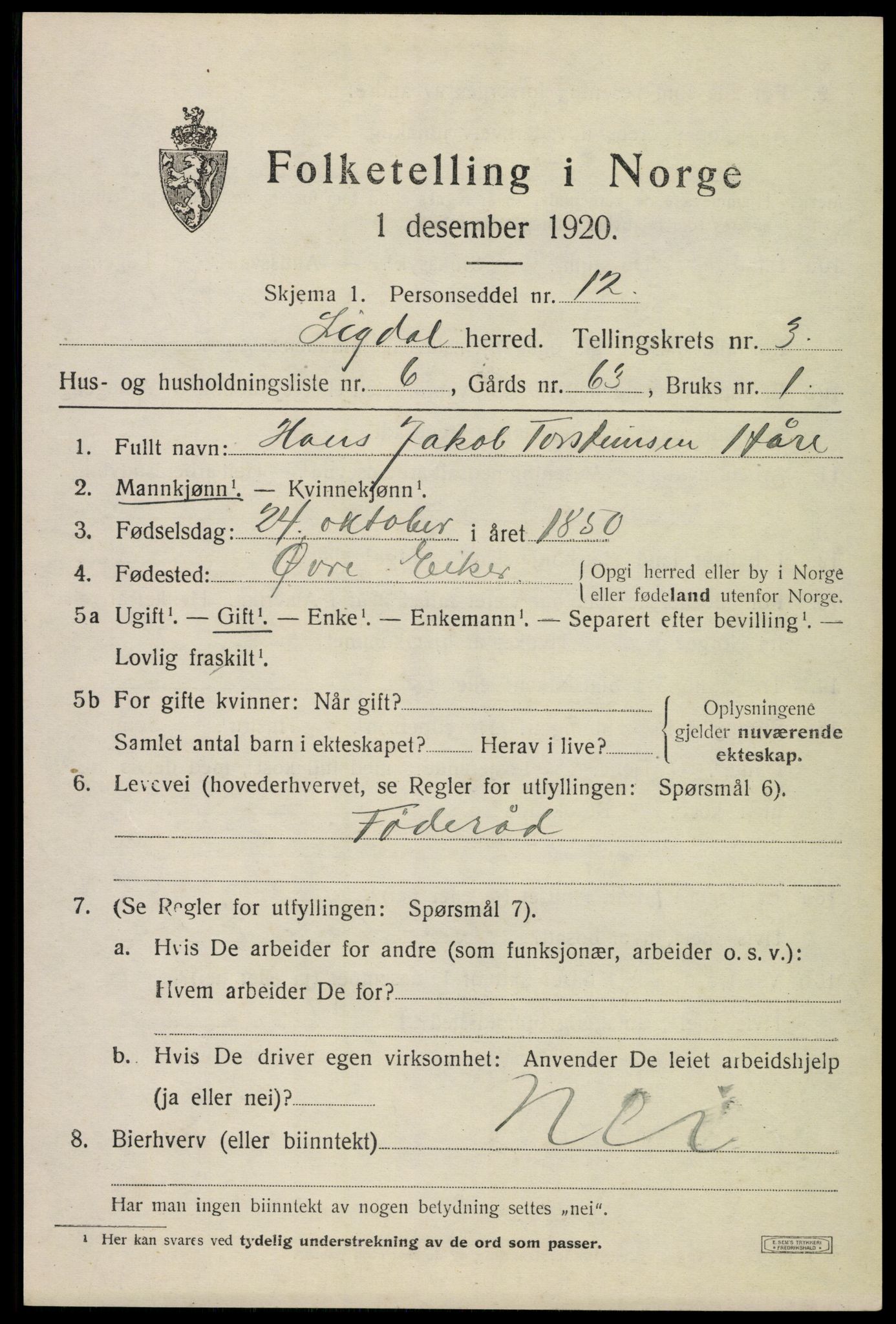 SAKO, 1920 census for Sigdal, 1920, p. 2852