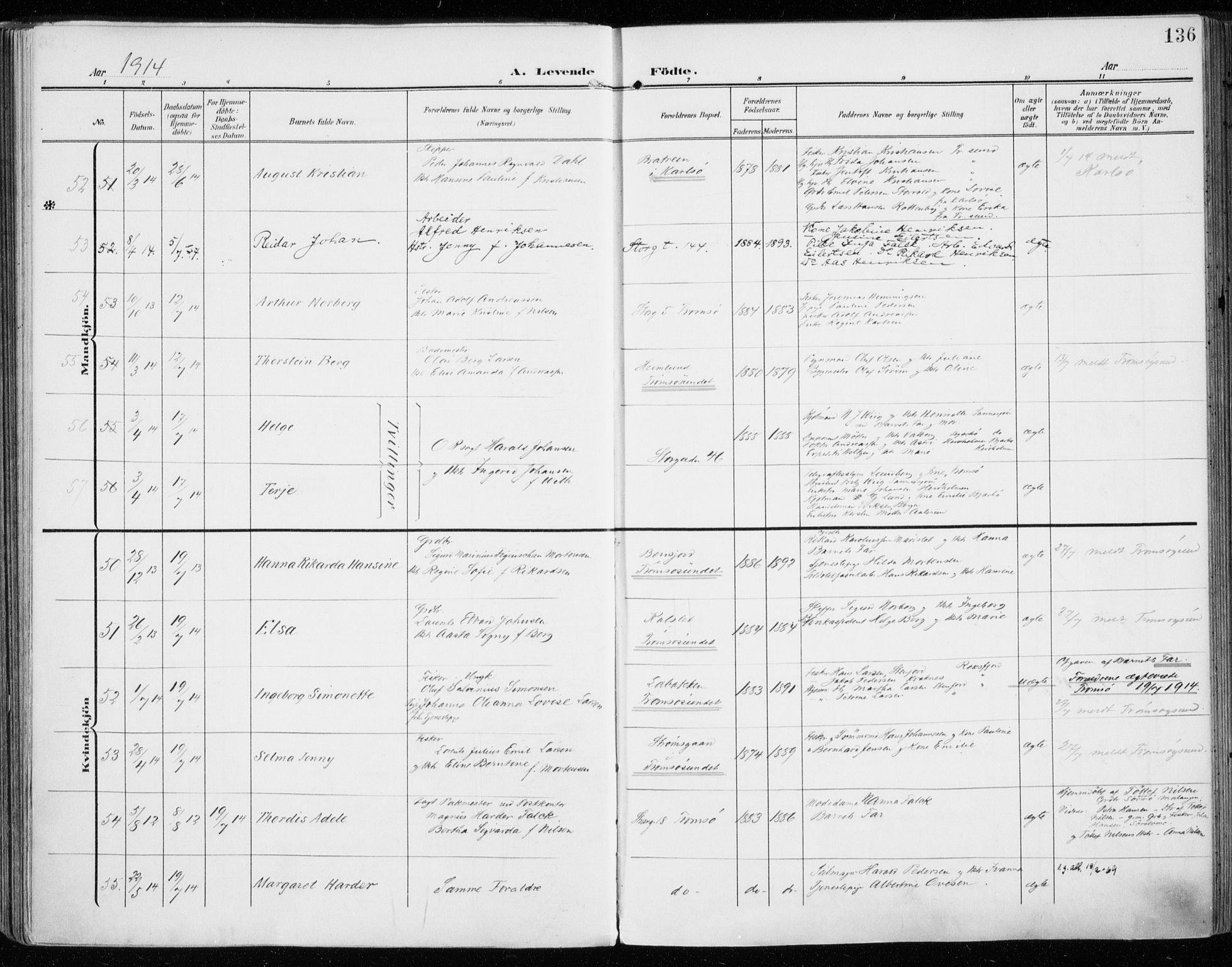 Tromsø sokneprestkontor/stiftsprosti/domprosti, SATØ/S-1343/G/Ga/L0017kirke: Parish register (official) no. 17, 1907-1917, p. 136