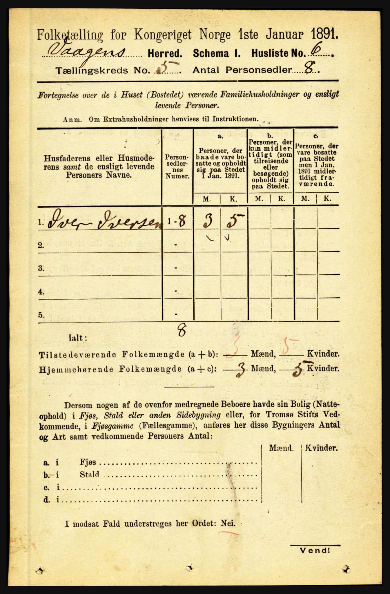 RA, 1891 census for 1865 Vågan, 1891, p. 1555