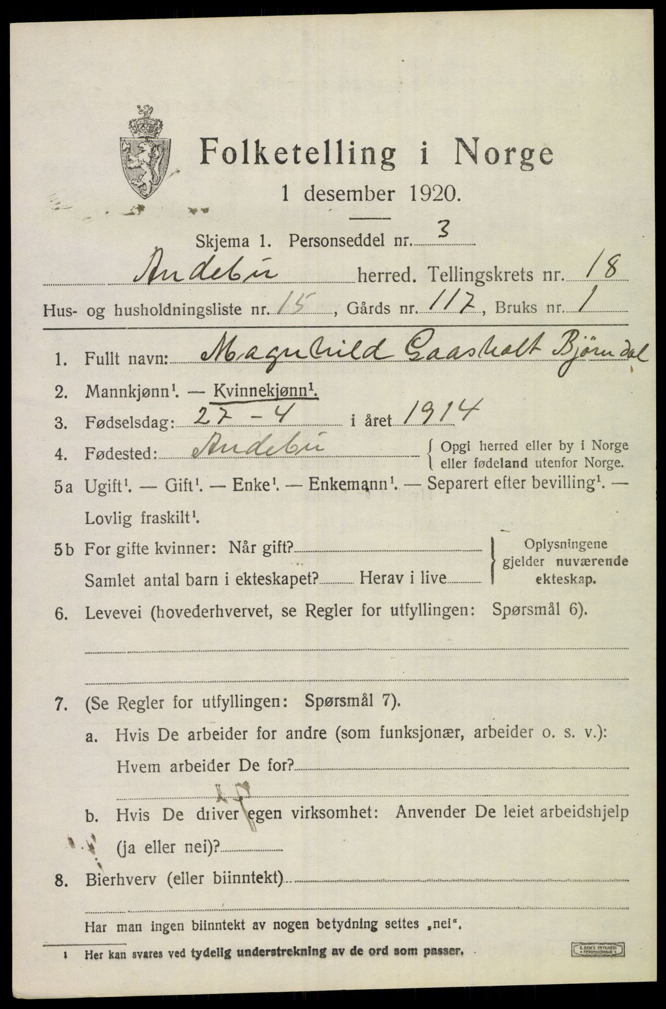 SAKO, 1920 census for Andebu, 1920, p. 6146