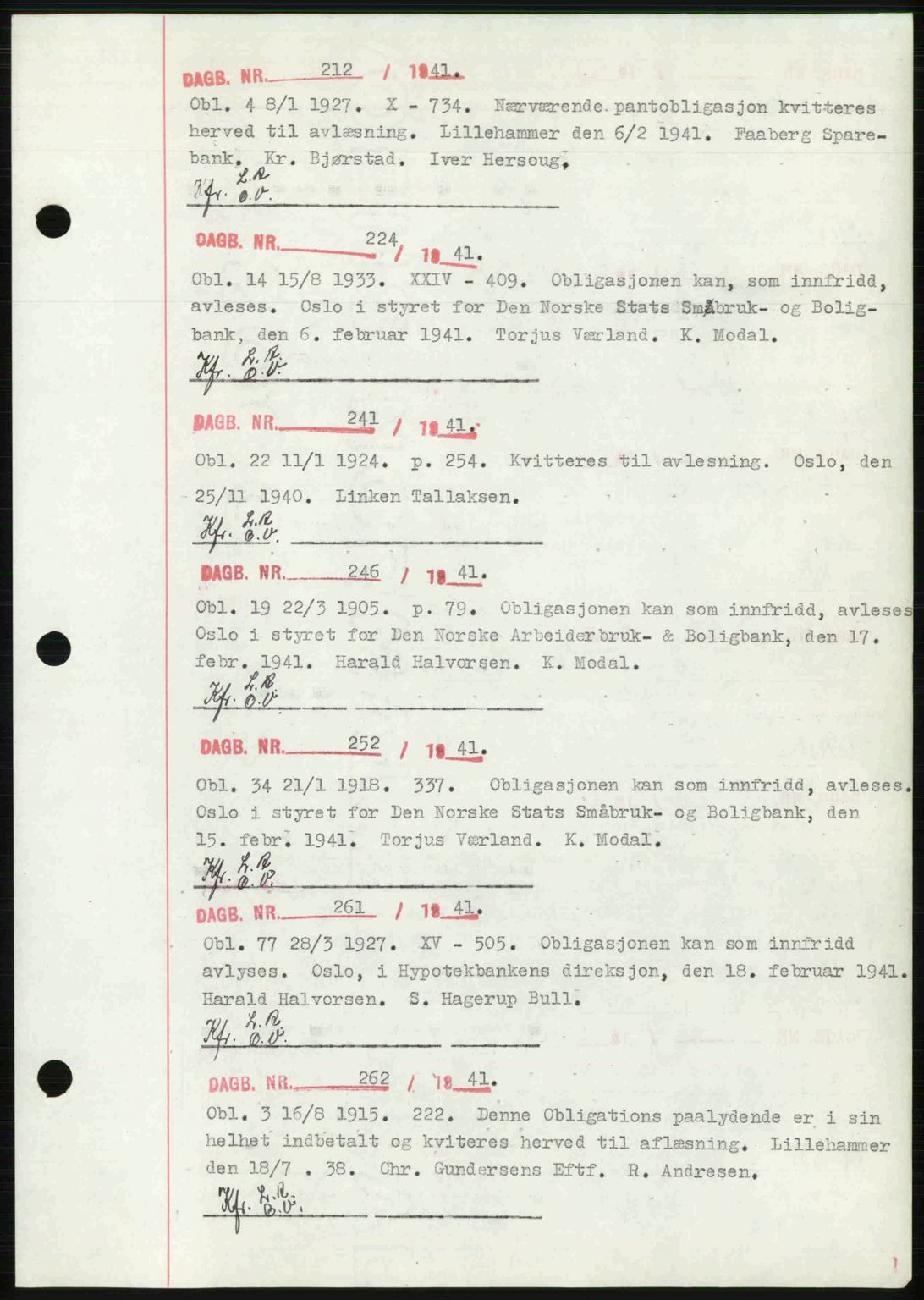 Sør-Gudbrandsdal tingrett, SAH/TING-004/H/Hb/Hbf/L0002: Mortgage book no. C1, 1938-1951, Diary no: : 212/1941