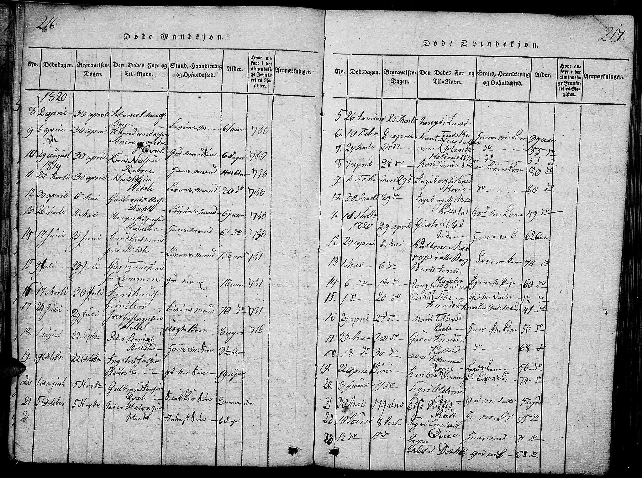 Slidre prestekontor, AV/SAH-PREST-134/H/Ha/Haa/L0002: Parish register (official) no. 2, 1814-1830, p. 216-217