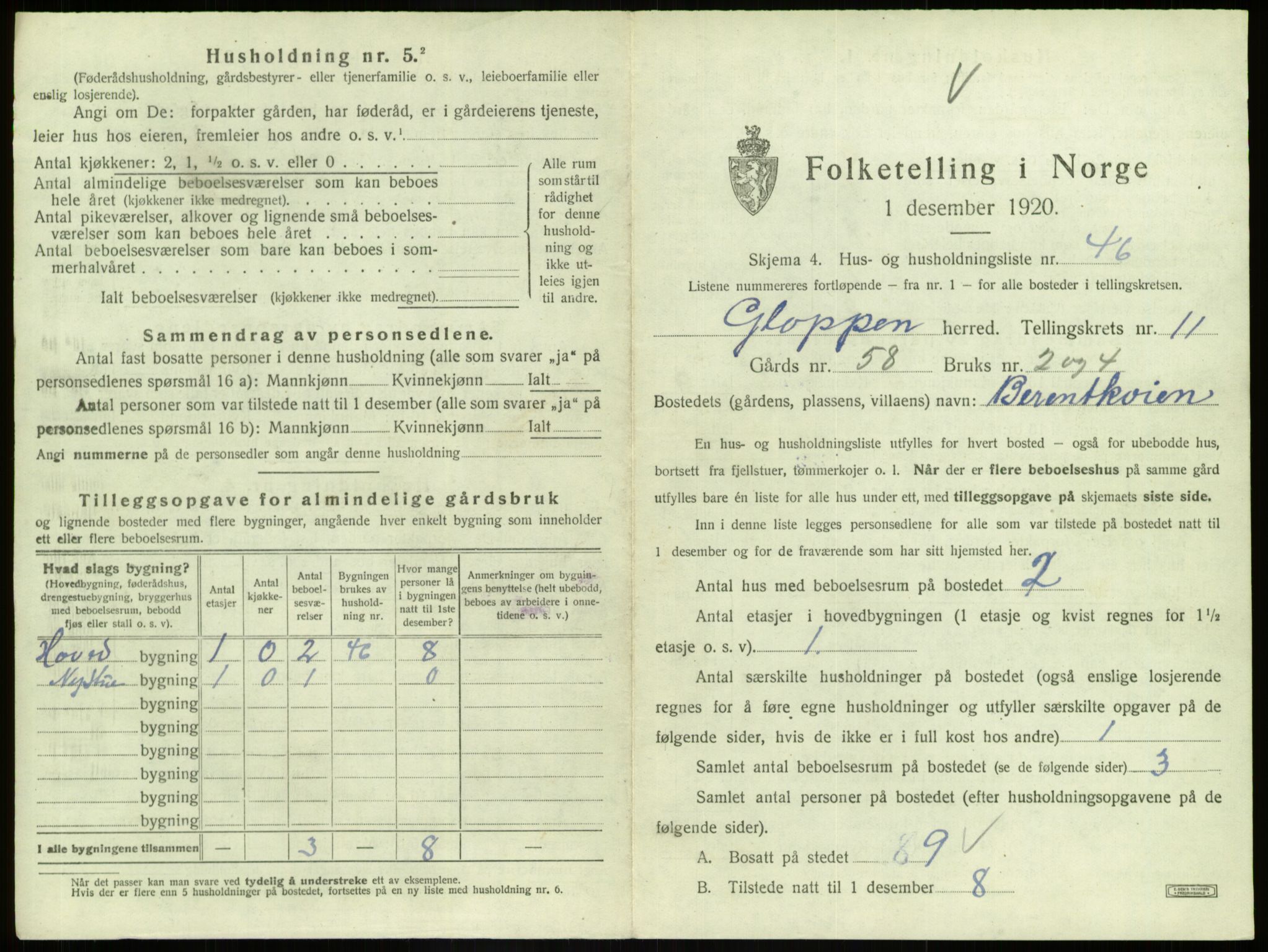 SAB, 1920 census for Gloppen, 1920, p. 787