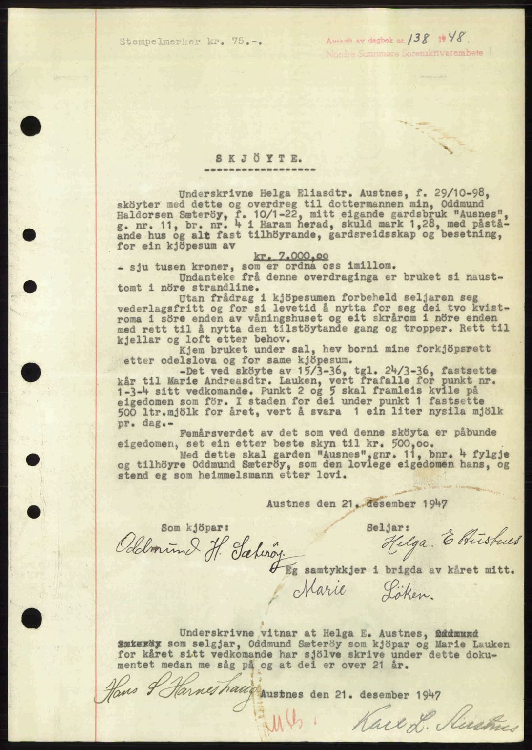 Nordre Sunnmøre sorenskriveri, AV/SAT-A-0006/1/2/2C/2Ca: Mortgage book no. A26, 1947-1948, Diary no: : 138/1948