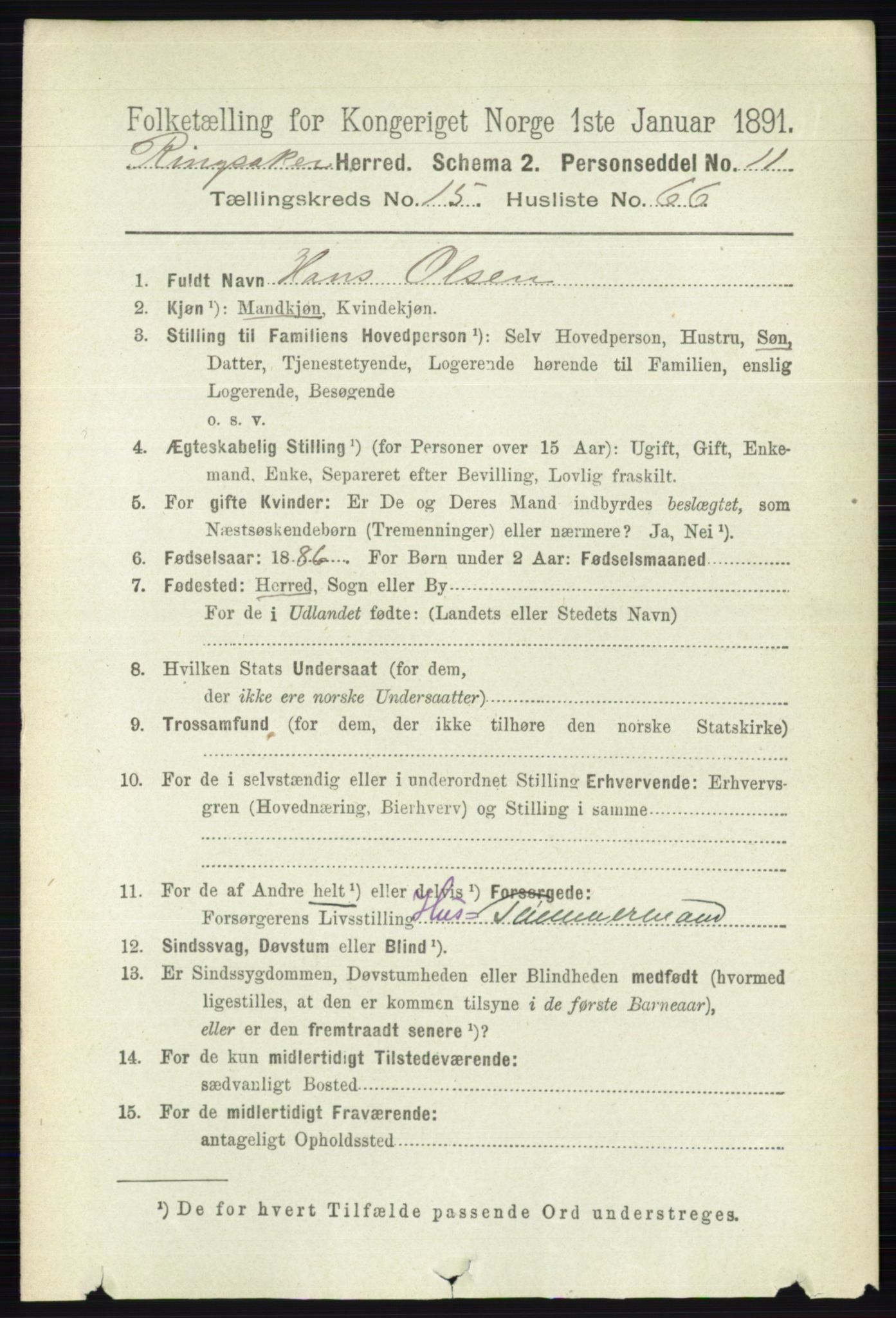 RA, 1891 census for 0412 Ringsaker, 1891, p. 8899