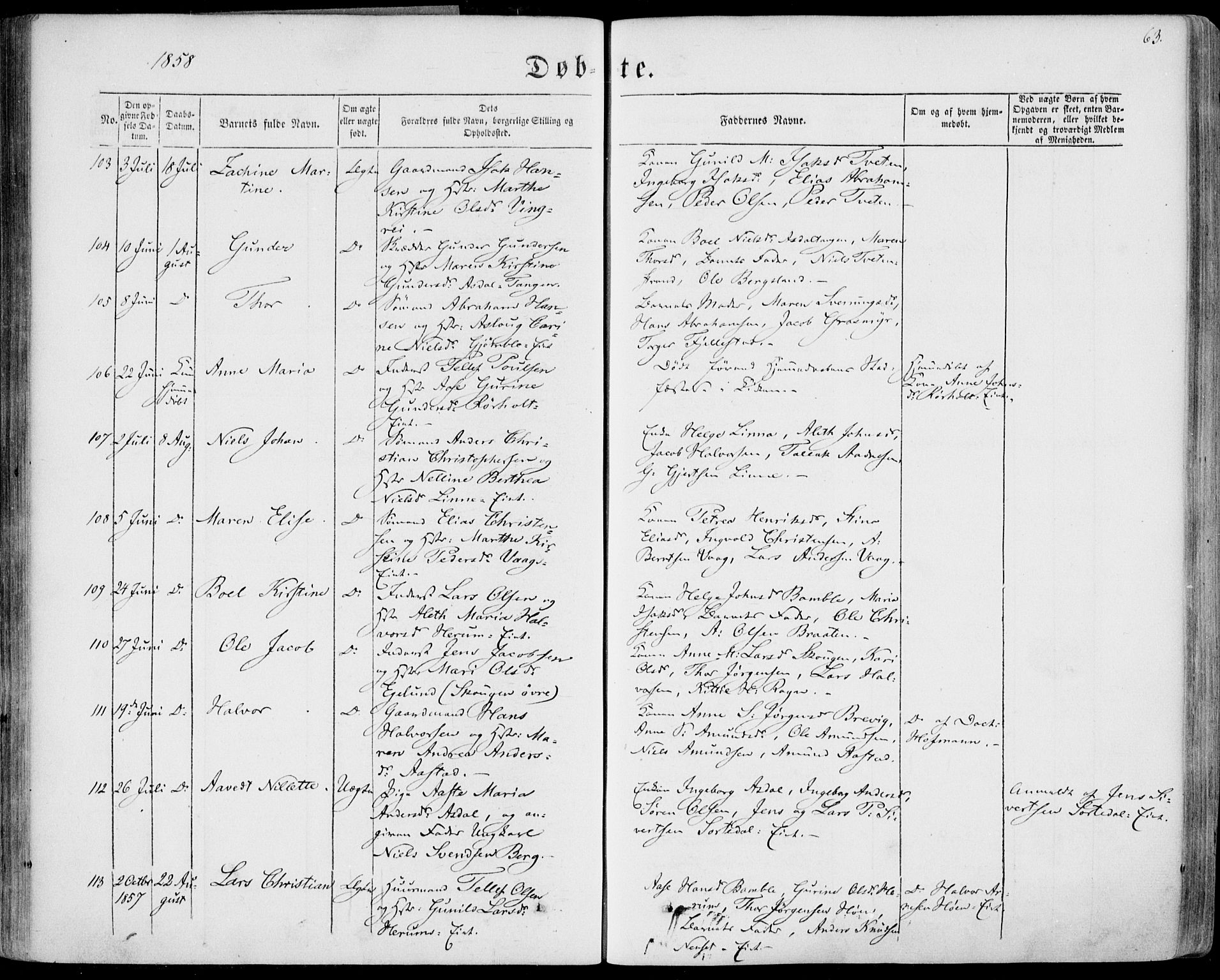 Bamble kirkebøker, SAKO/A-253/F/Fa/L0005: Parish register (official) no. I 5, 1854-1869, p. 63