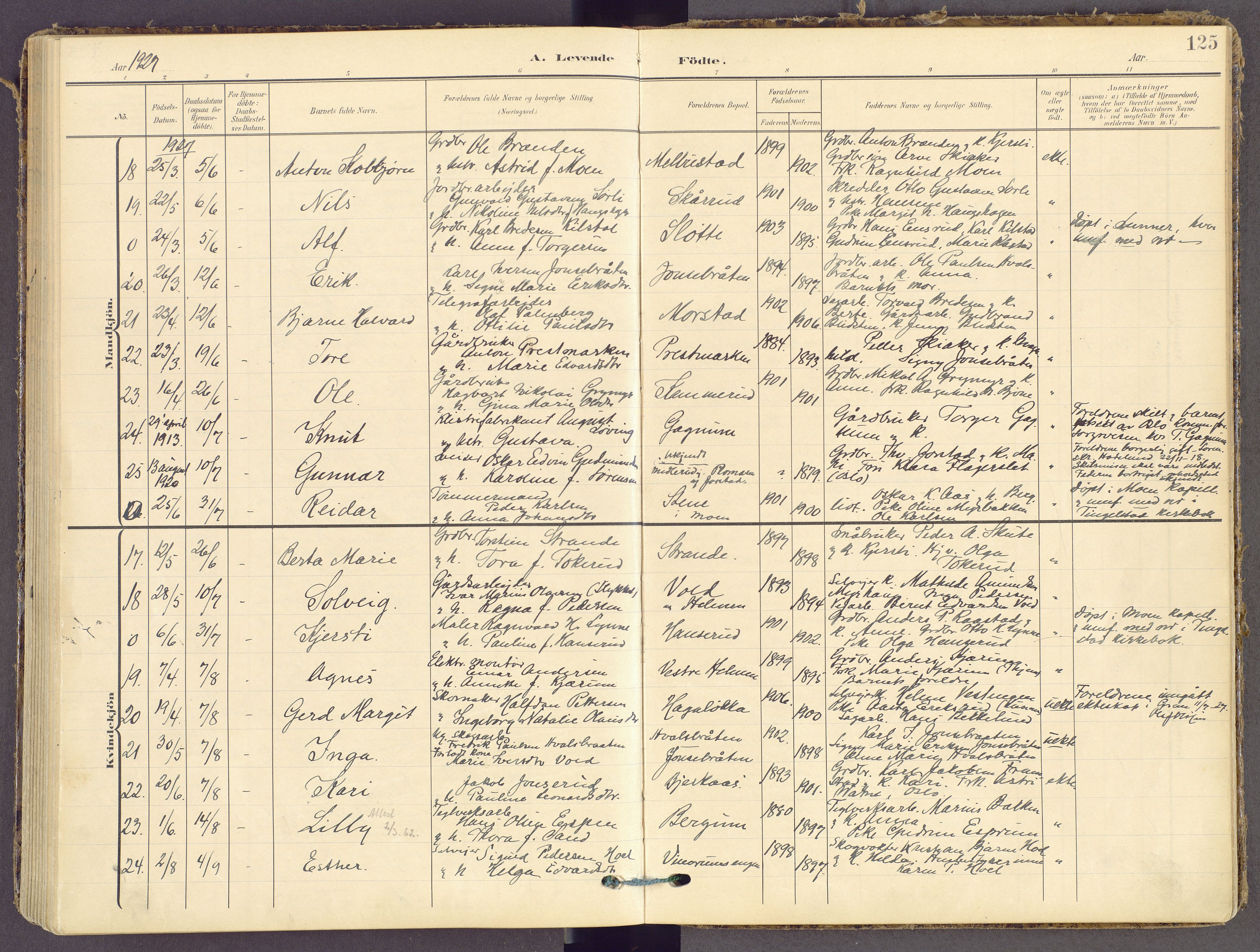 Gran prestekontor, AV/SAH-PREST-112/H/Ha/Haa/L0021: Parish register (official) no. 21, 1908-1932, p. 125