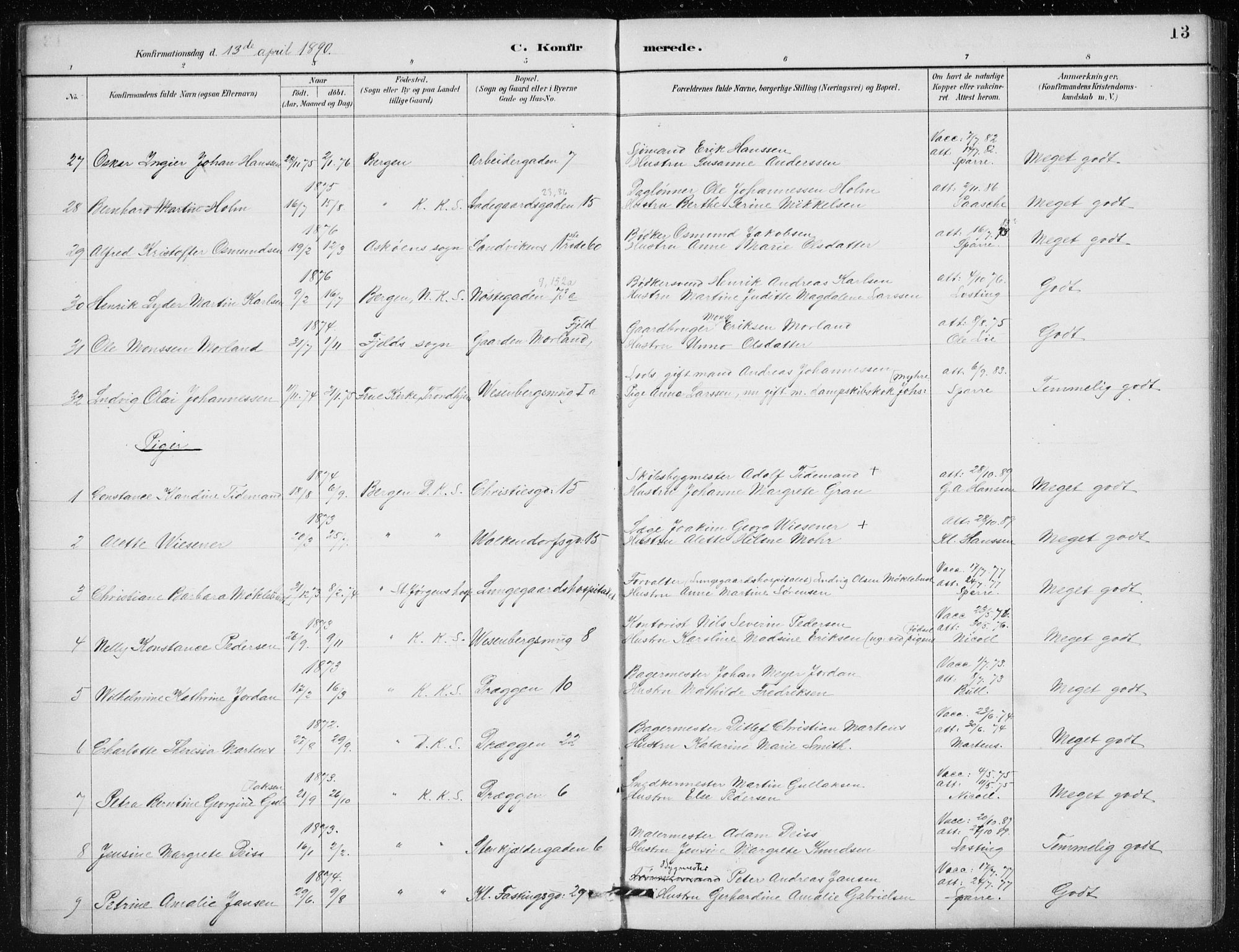 Mariakirken Sokneprestembete, AV/SAB-A-76901/H/Haa/L0013: Parish register (official) no. C 1, 1889-1900, p. 13