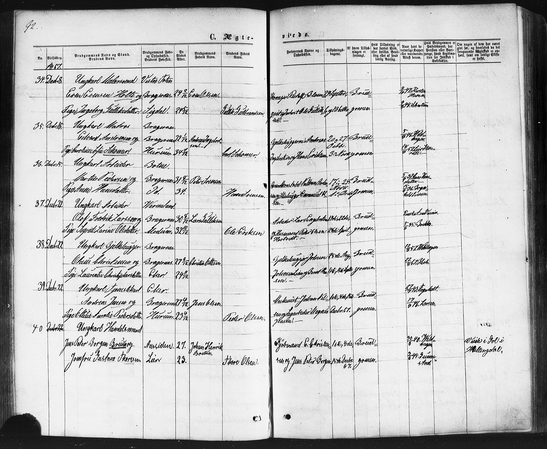 Bragernes kirkebøker, SAKO/A-6/F/Fc/L0003: Parish register (official) no. III 3, 1865-1874, p. 92