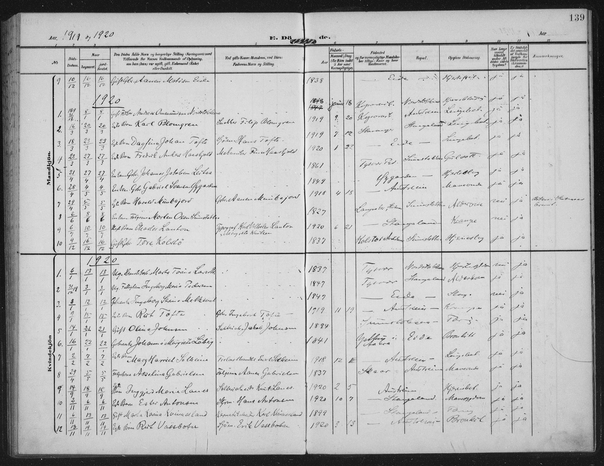 Kopervik sokneprestkontor, AV/SAST-A-101850/H/Ha/Haa/L0003: Parish register (official) no. A 3, 1906-1924, p. 139