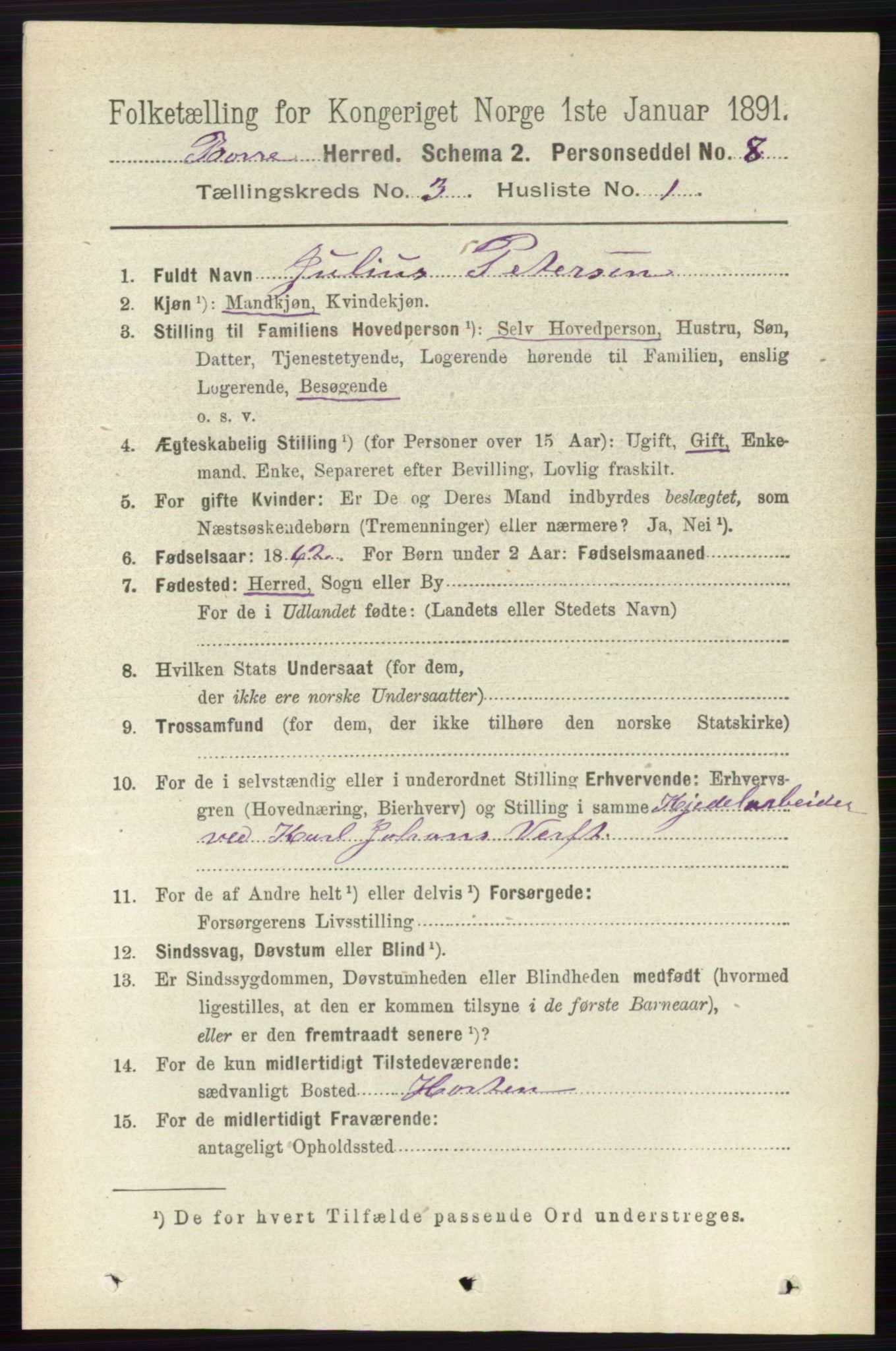 RA, 1891 census for 0717 Borre, 1891, p. 1222