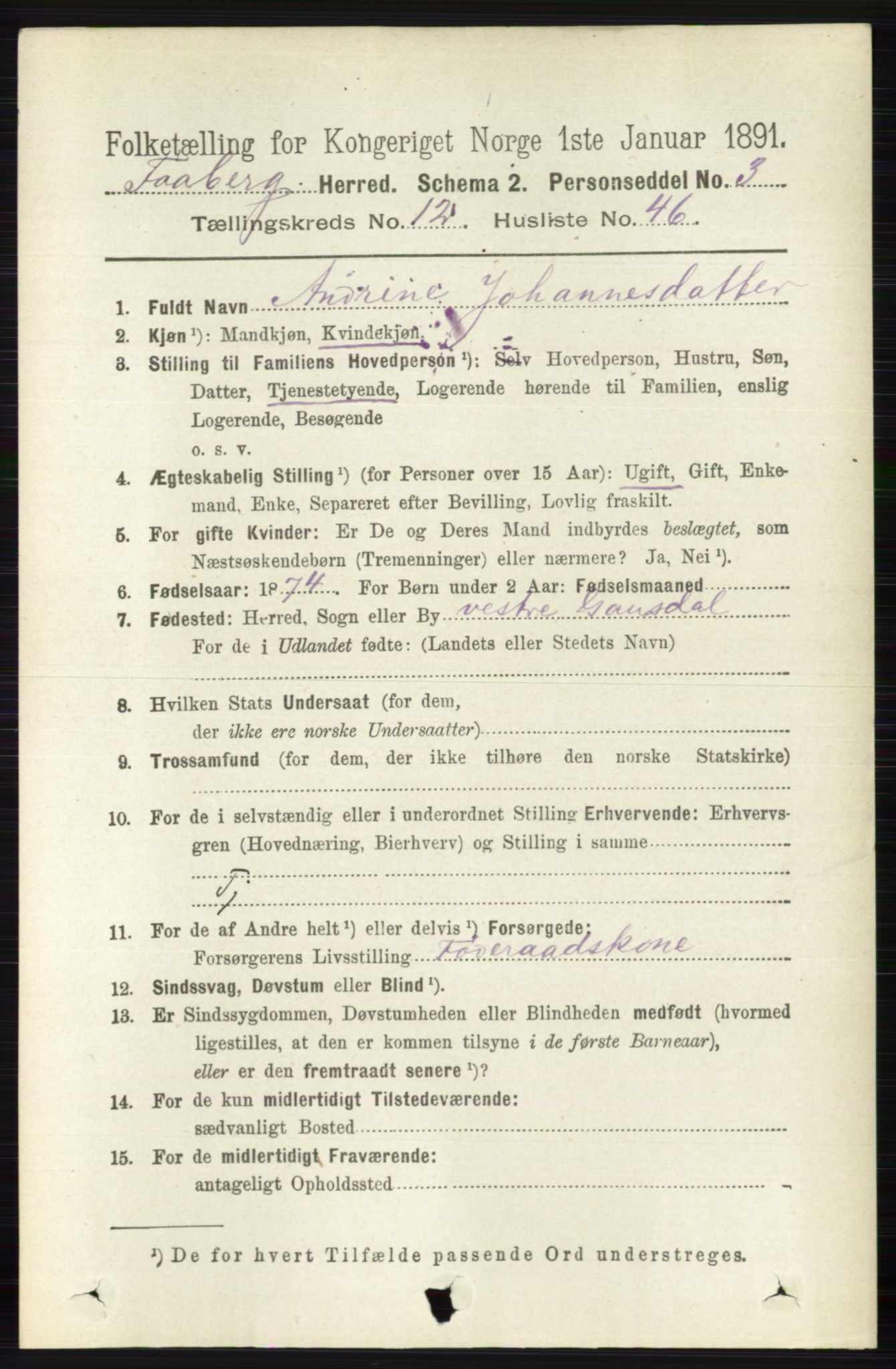 RA, 1891 census for 0524 Fåberg, 1891, p. 5007