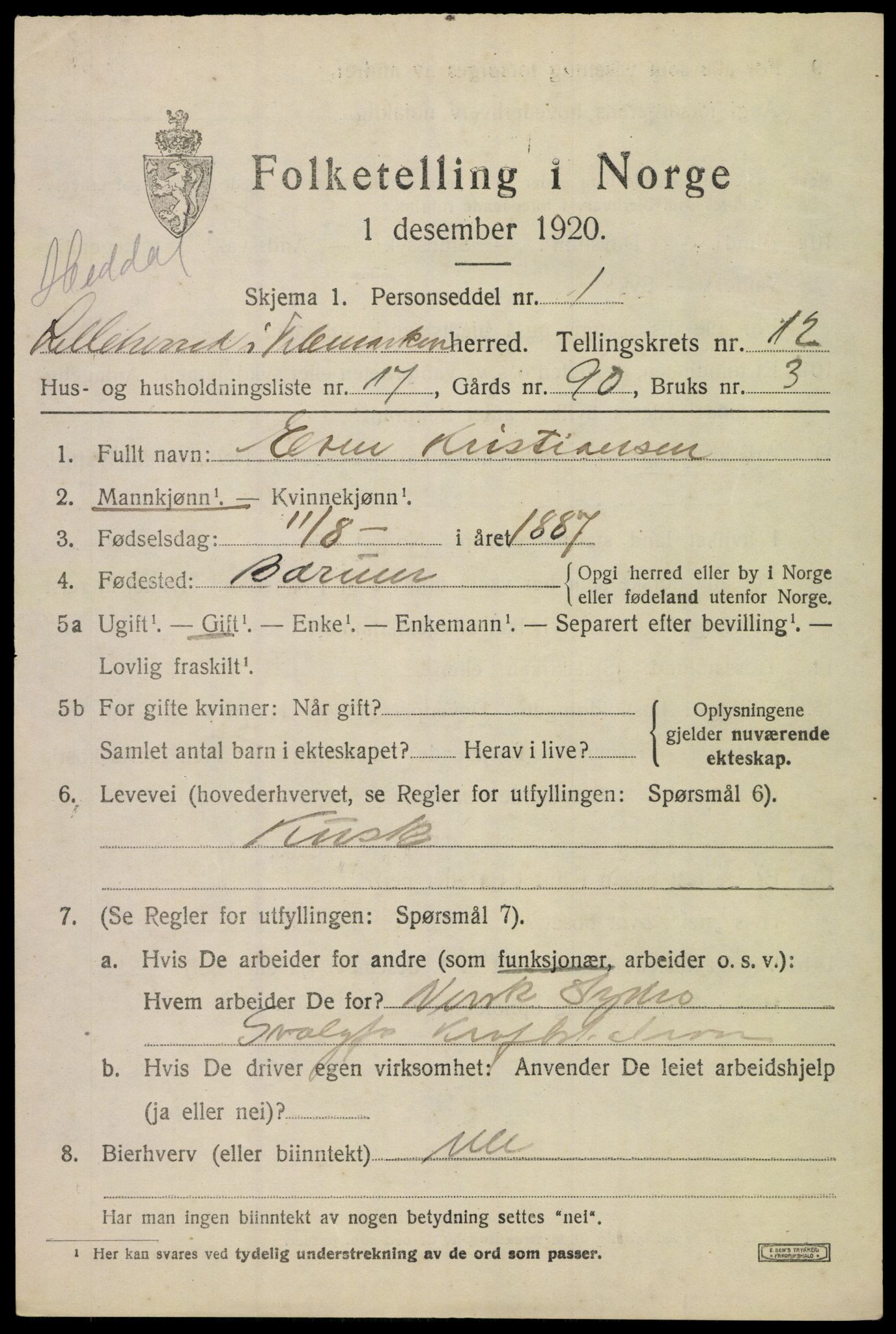 SAKO, 1920 census for Heddal, 1920, p. 8328