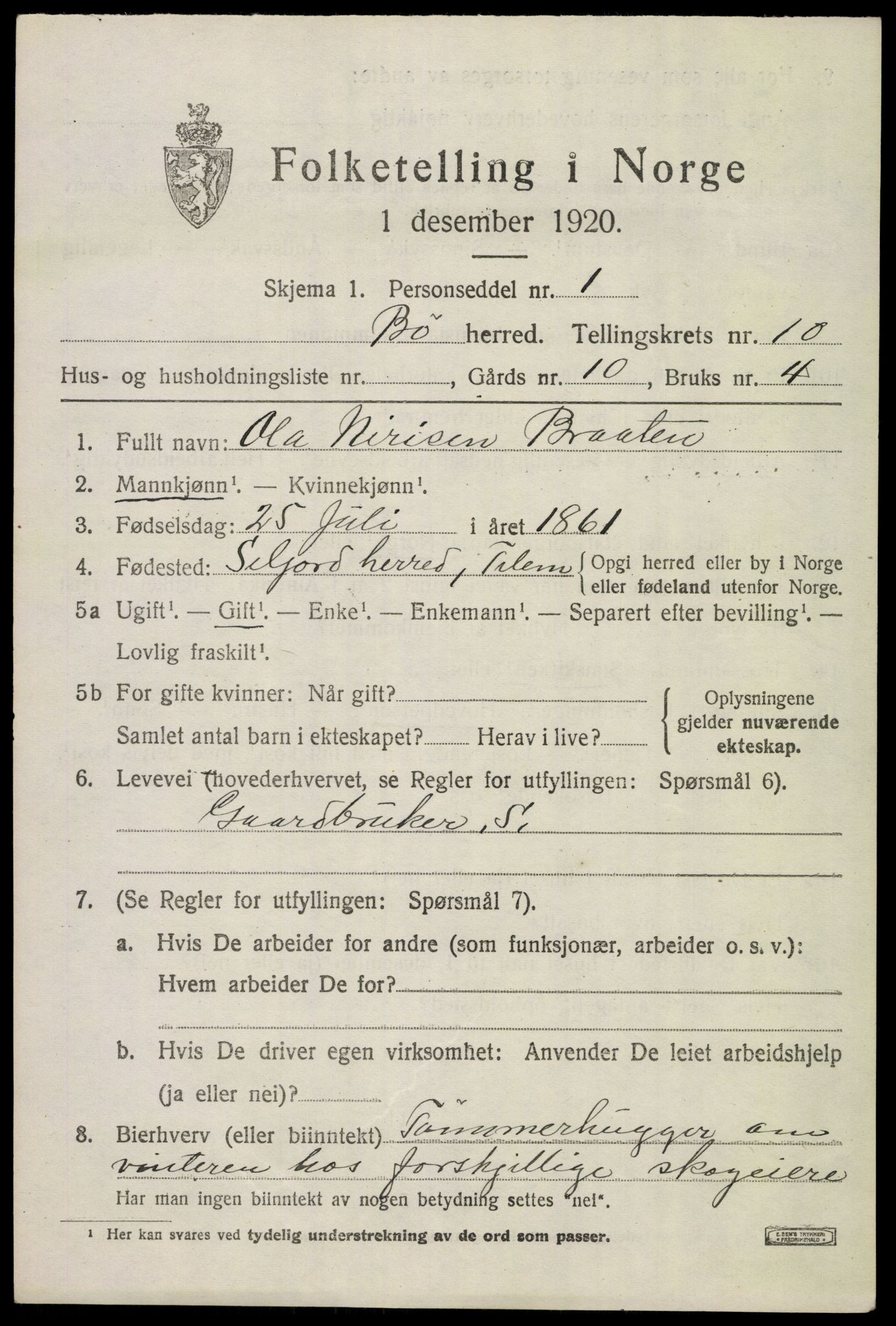 SAKO, 1920 census for Bø (Telemark), 1920, p. 6626